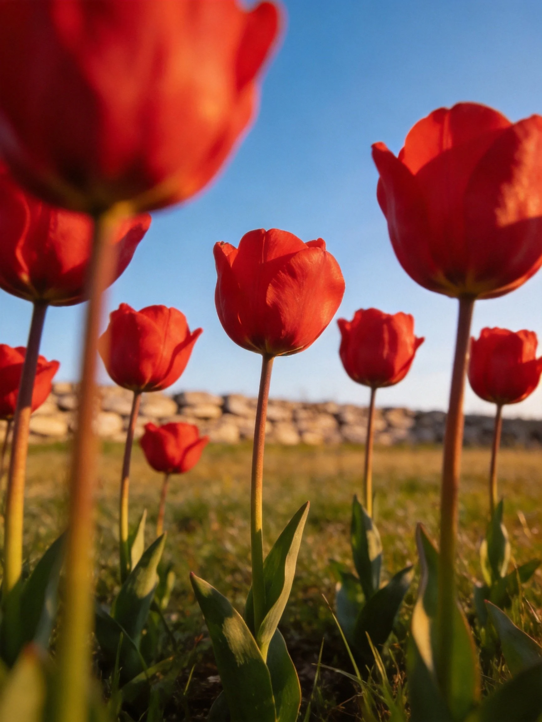 Multiple vibrant red tulips bloom in a sunlit field beside a stone wall