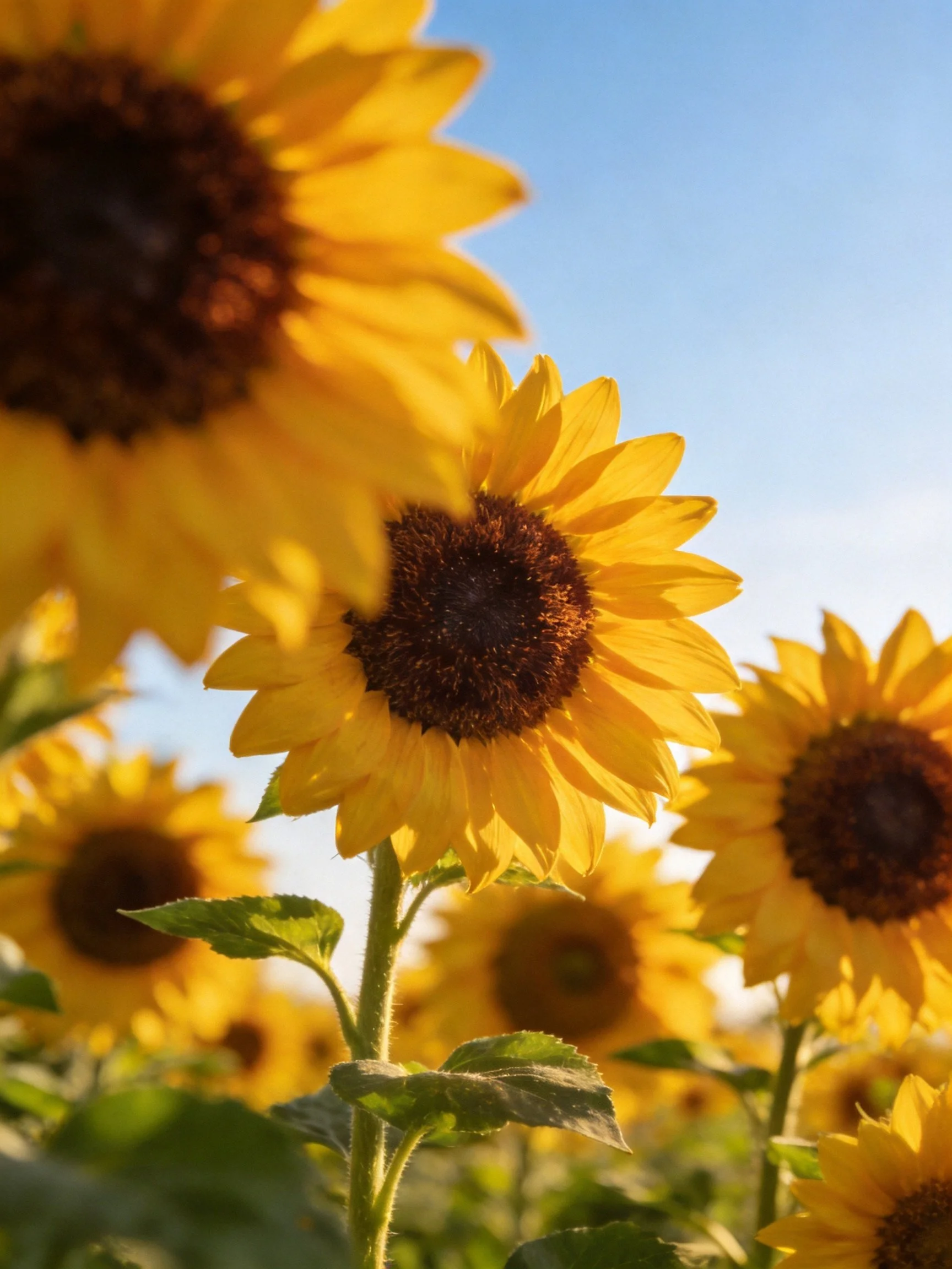 Multiple vibrant sunflowers with dark centers under clear blue sky