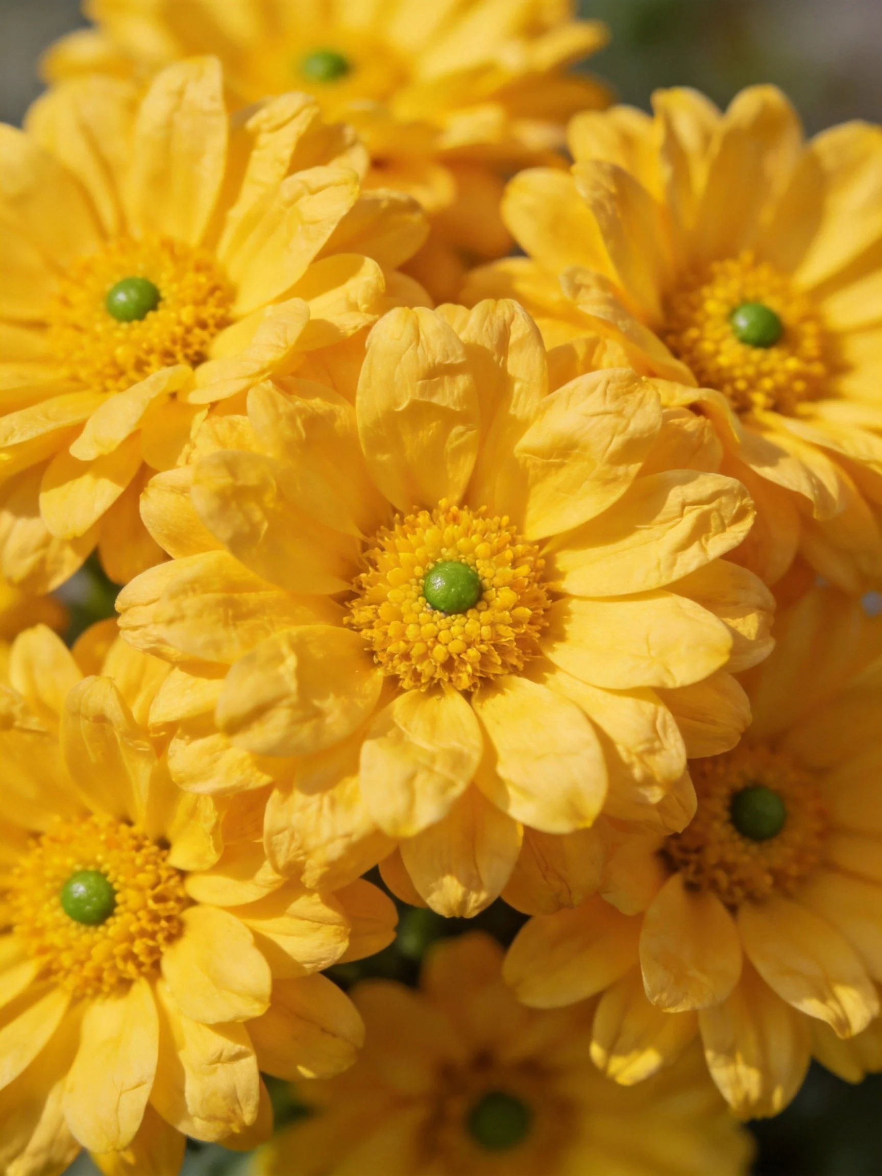Multiple vibrant yellow chrysanthemums clustered closely together