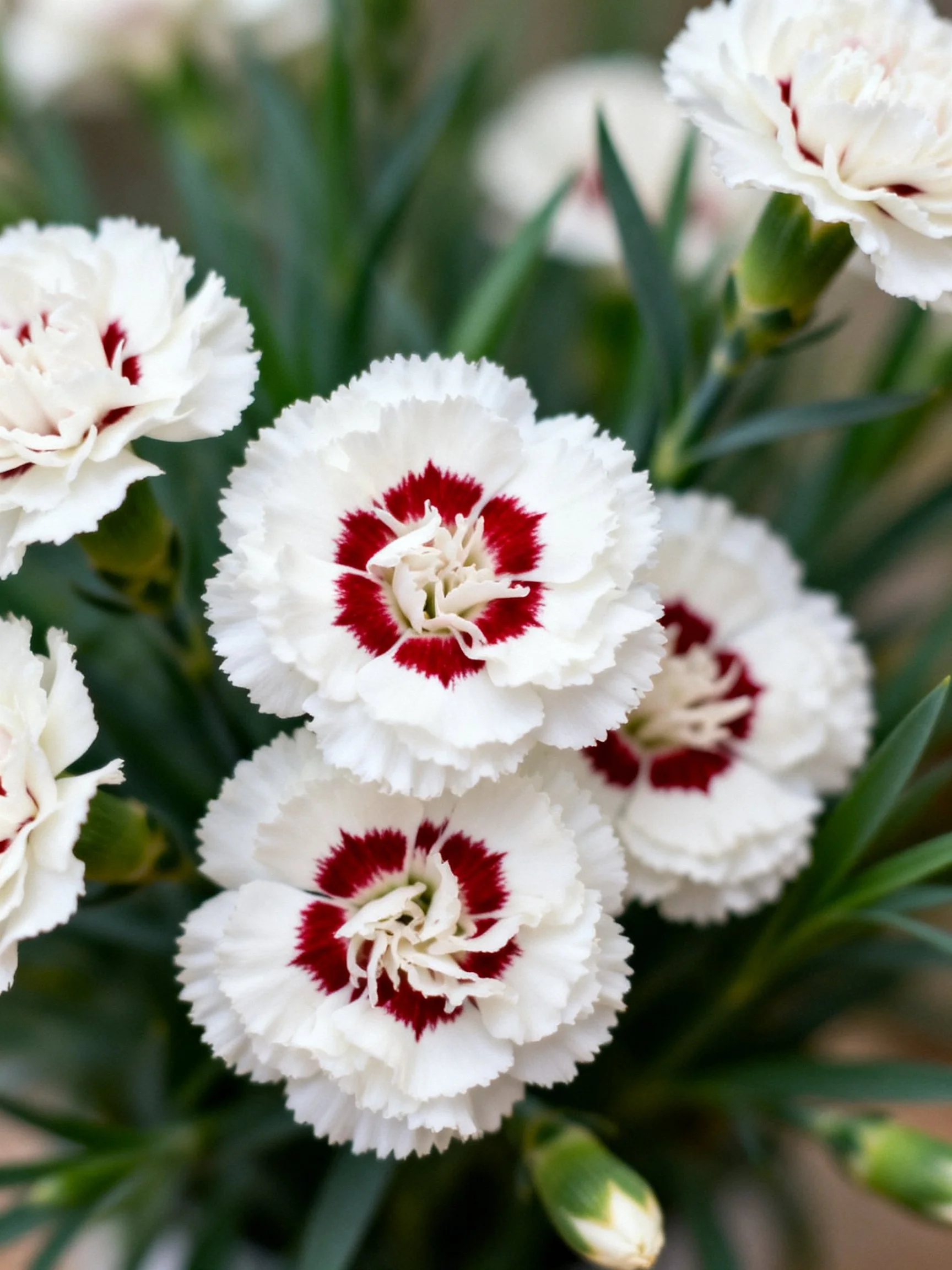 Multiple white carnations with red centers among green foliage