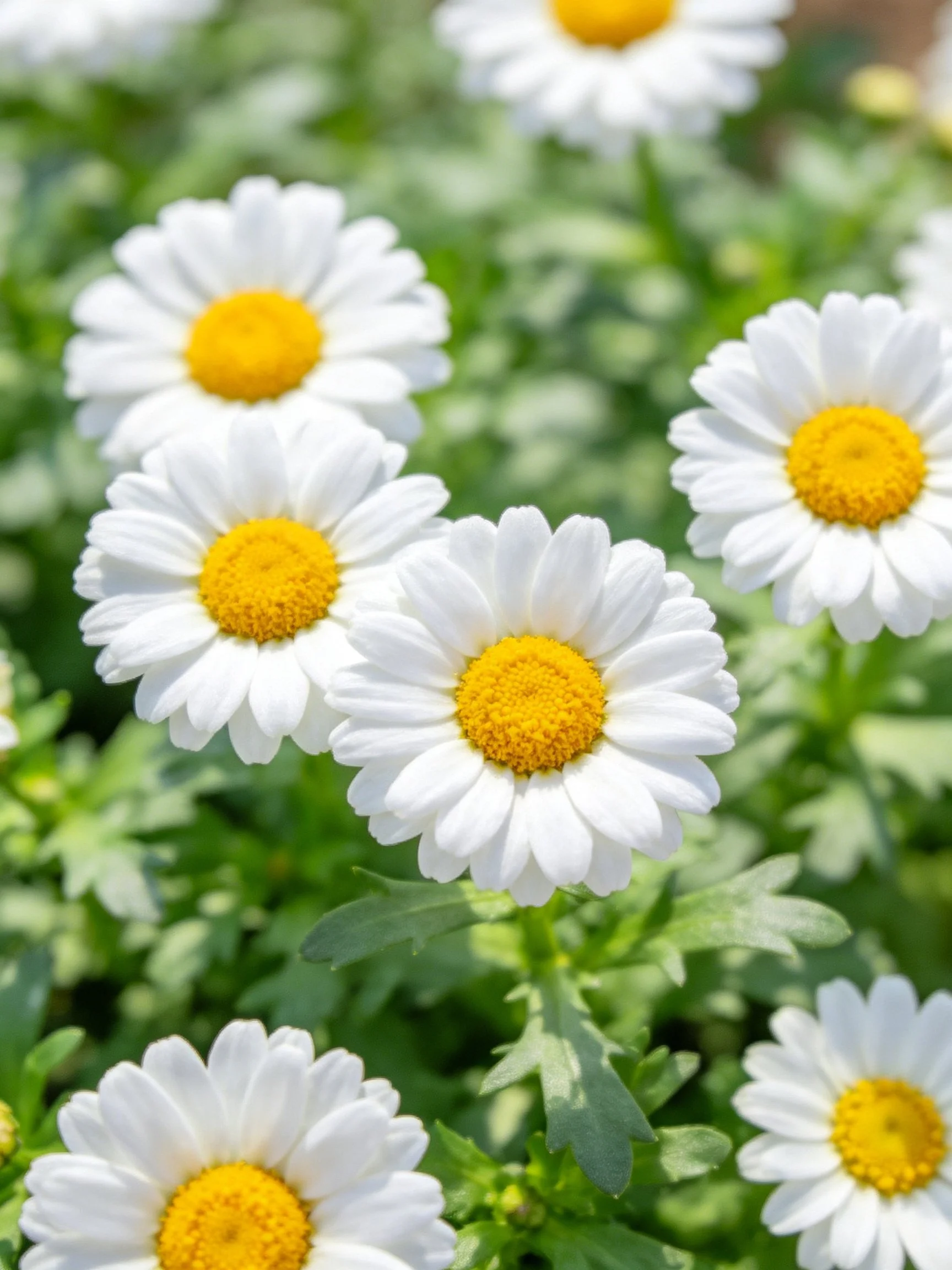 Multiple white daisies with bright yellow centers amid lush green foliage