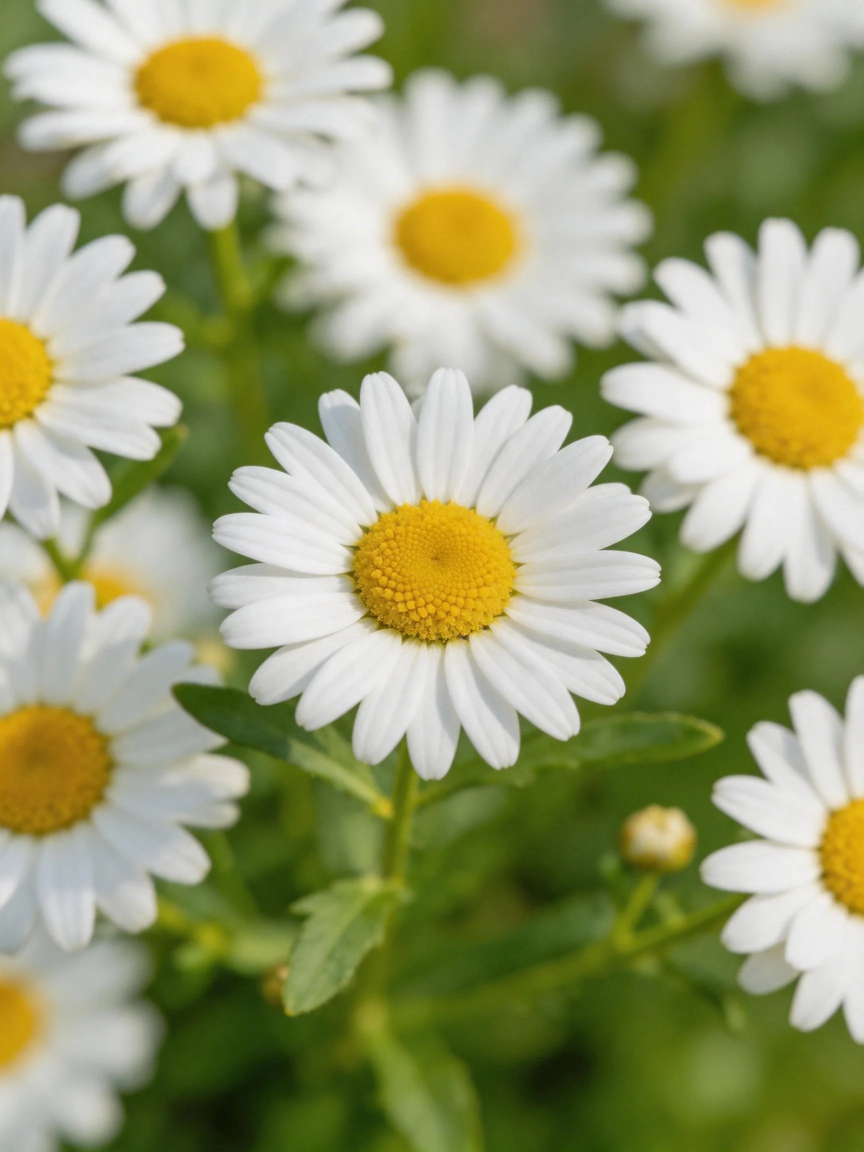 Multiple white daisies with golden centers clustered among green foliage