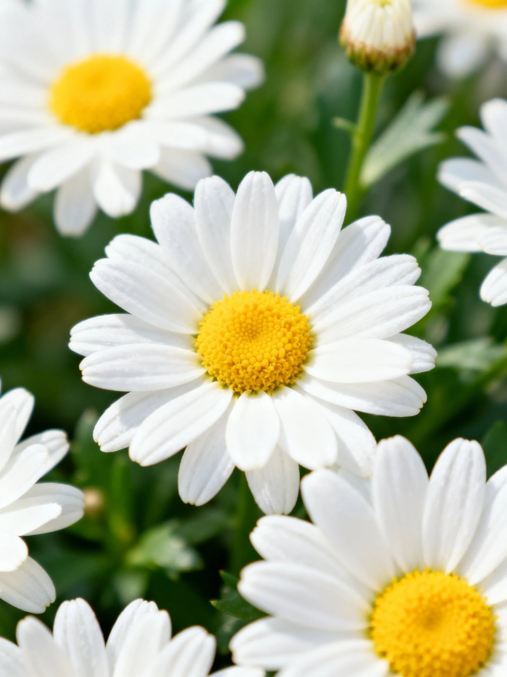 Multiple white daisies with vibrant yellow centers amid green foliage