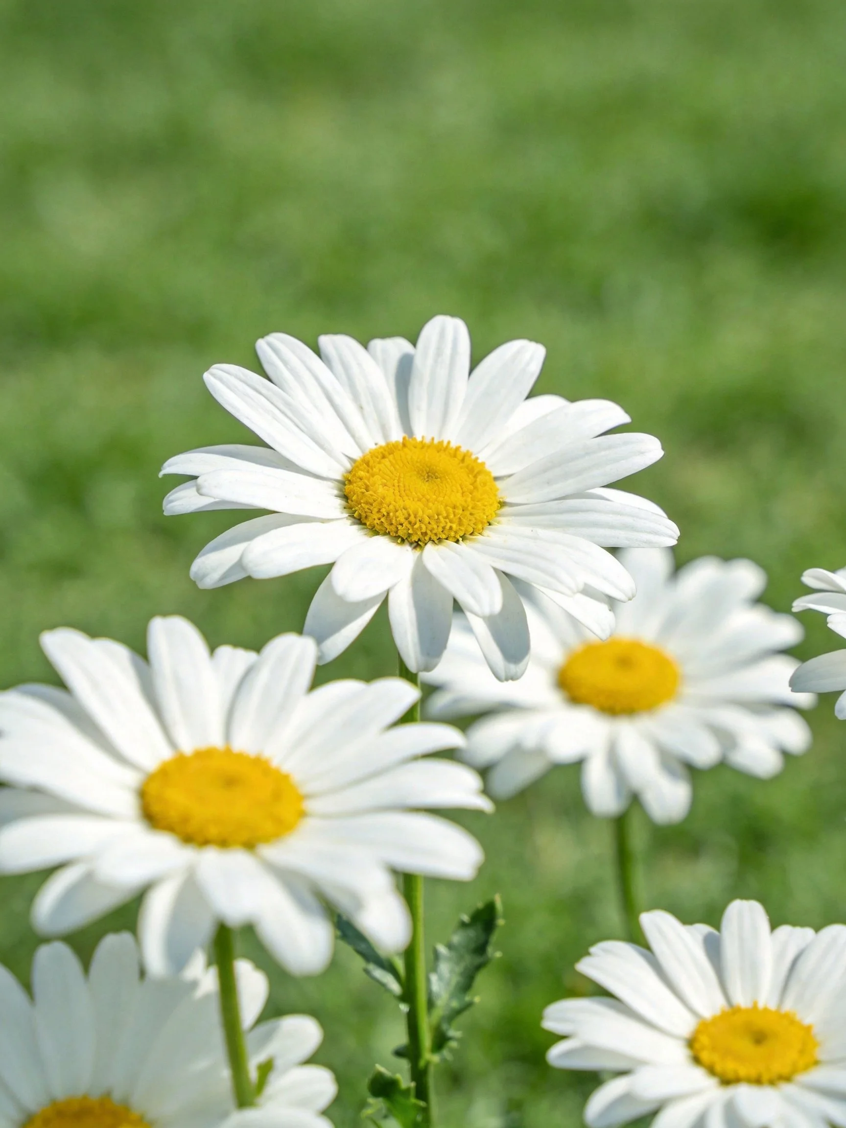 Multiple white daisies with vibrant yellow centers set against blurred green foliage