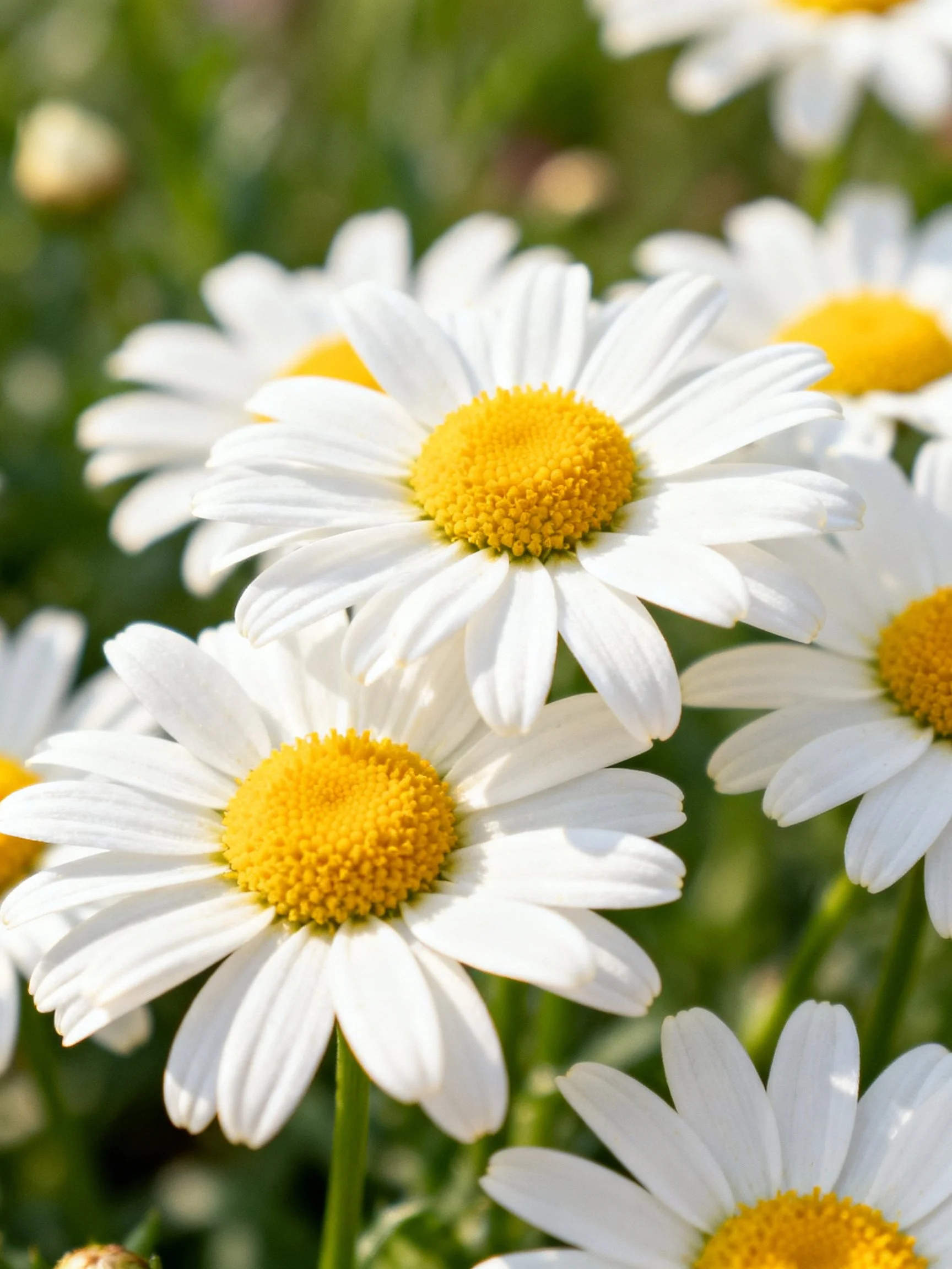 Multiple white daisies with yellow centers amid green foliage