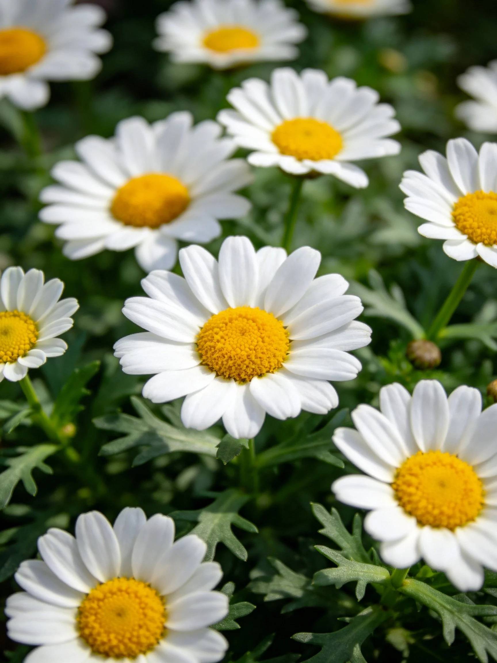 Multiple white daisies with yellow centers amid green foliage