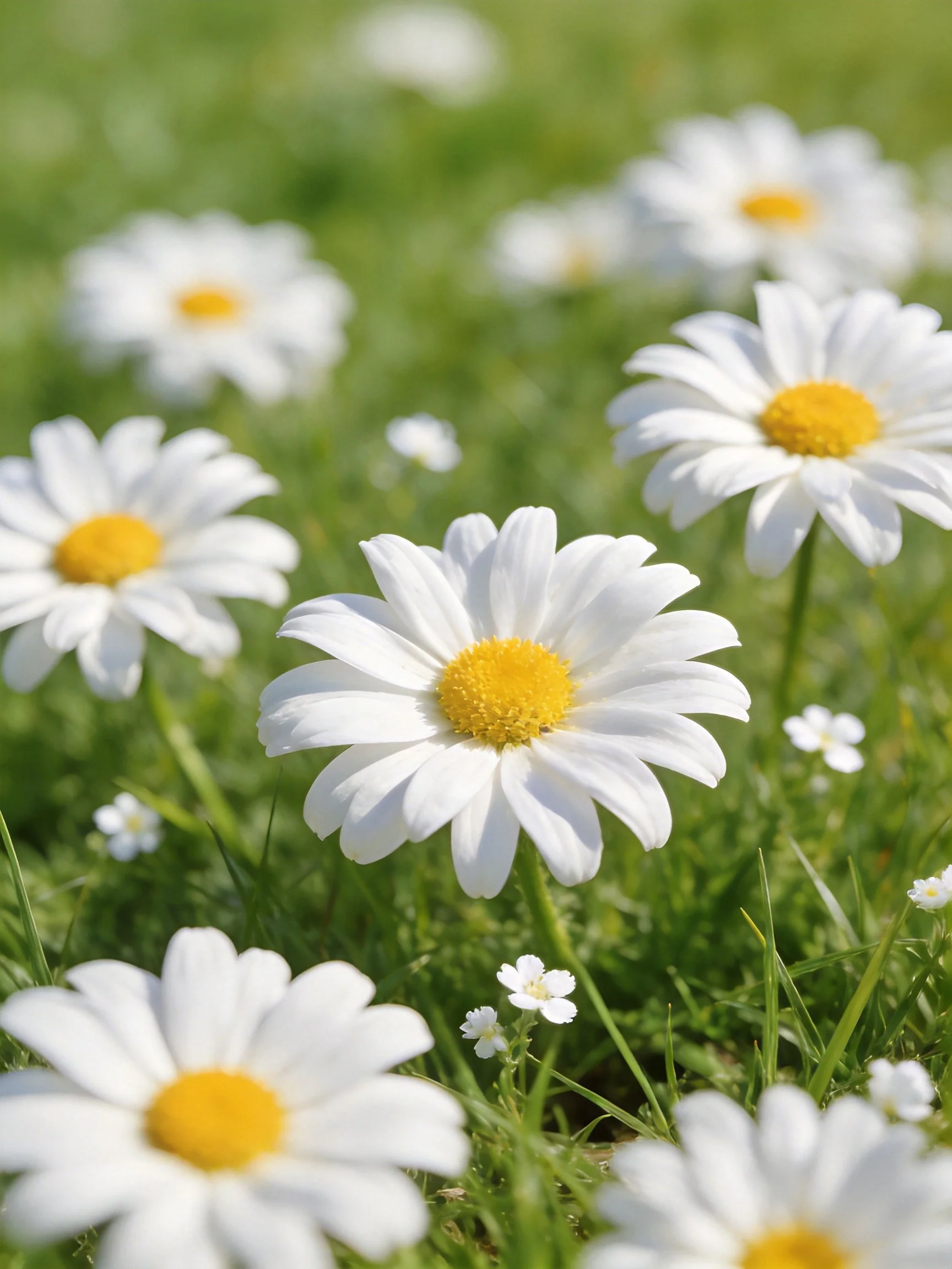 Multiple white daisies with yellow centers among green grass