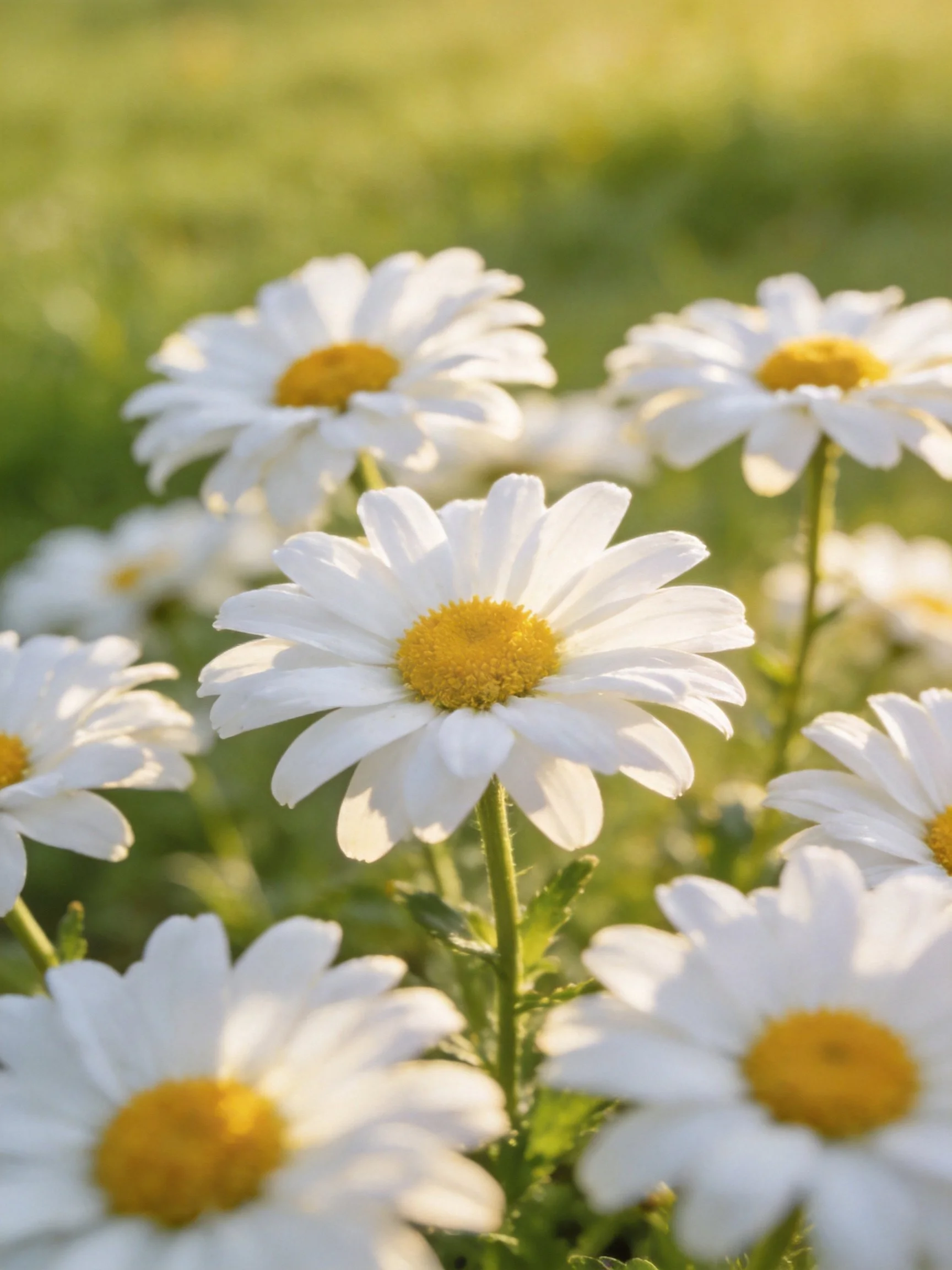 Multiple white daisies with yellow centers in a green meadow