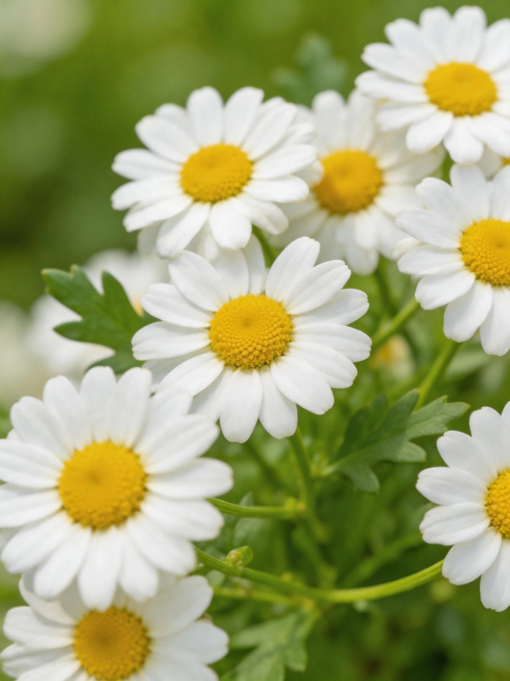 Multiple white daisy flowers with bright yellow centers among green foliage