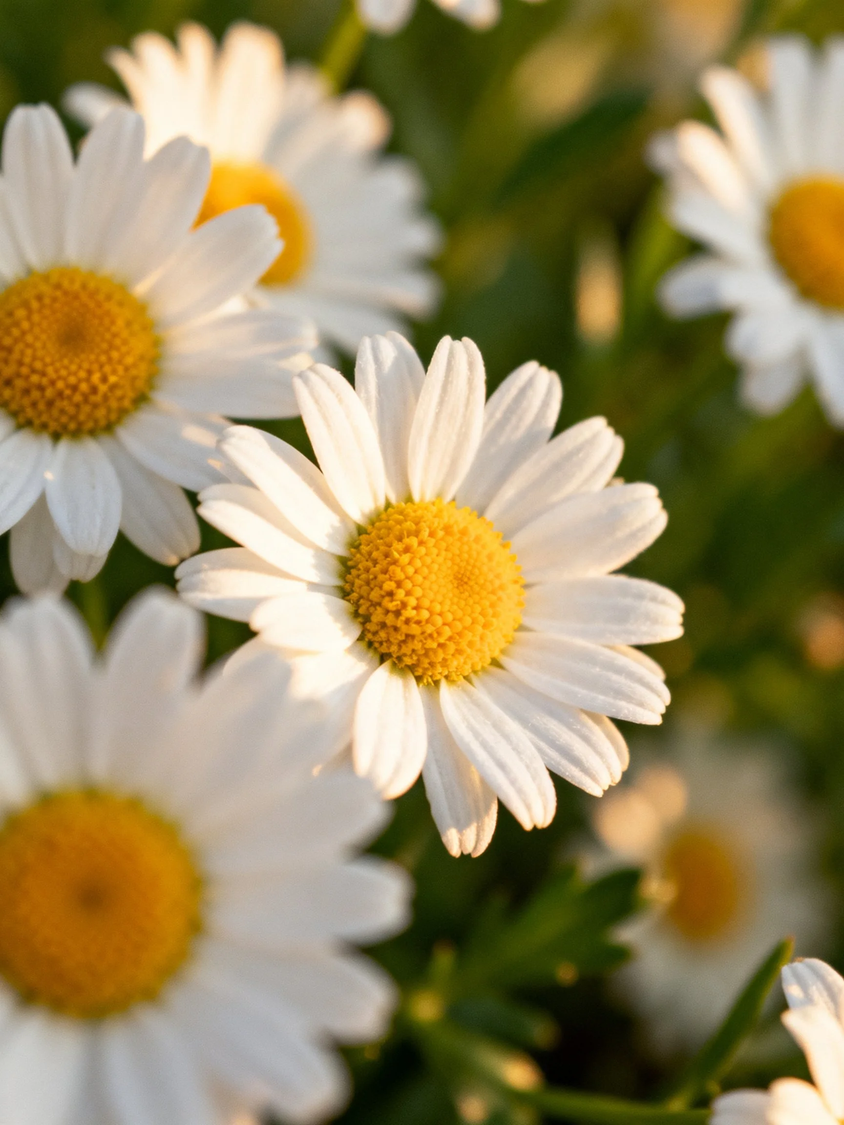 Multiple white daisy flowers with vibrant yellow centers in soft focus