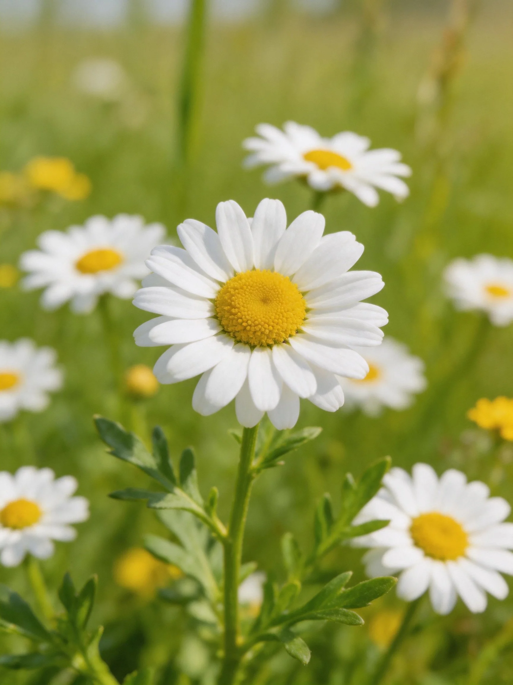 Multiple white daisy flowers with yellow centers in a green meadow
