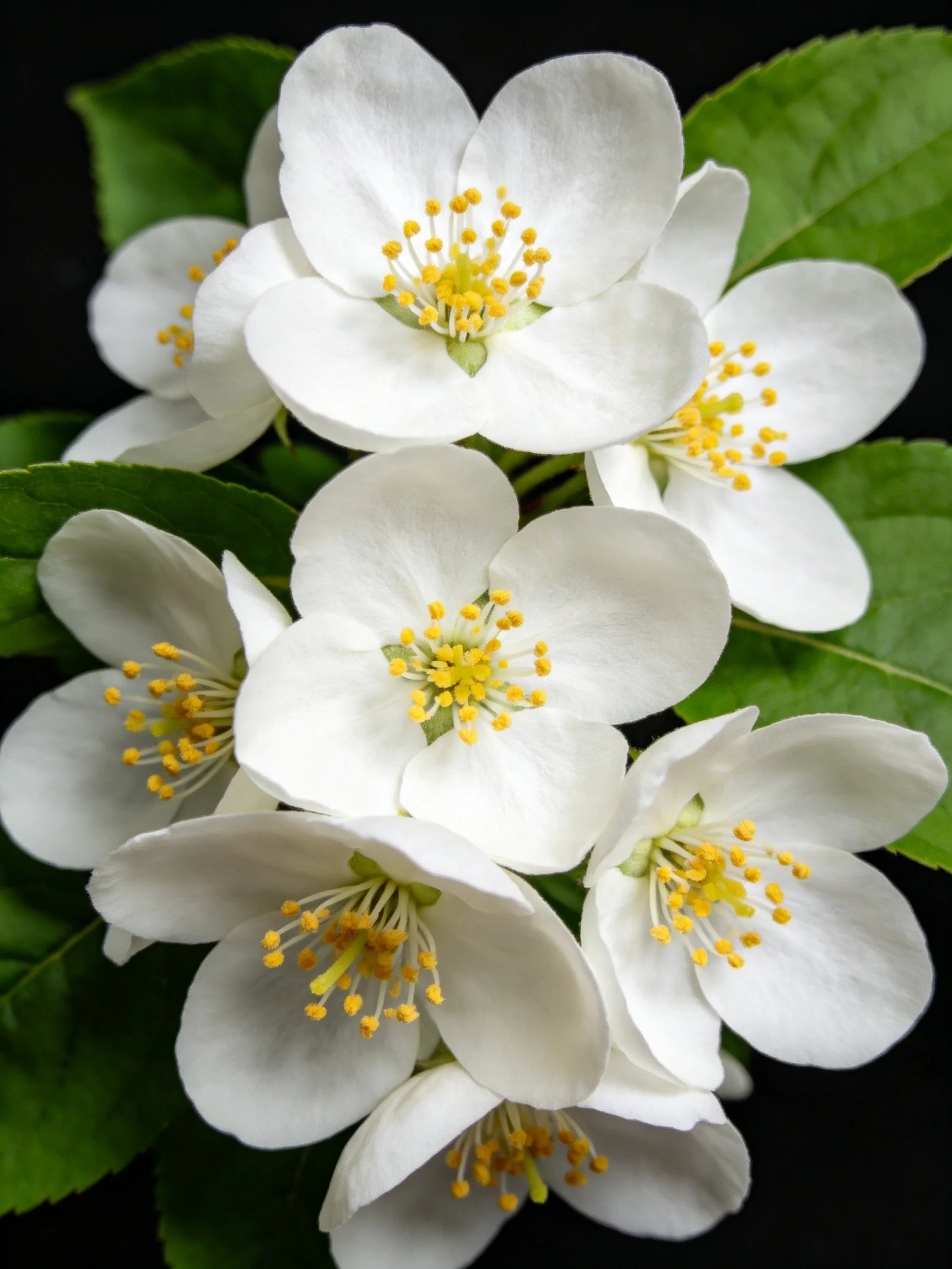 Multiple white flowers with yellow stamens and green leaves
