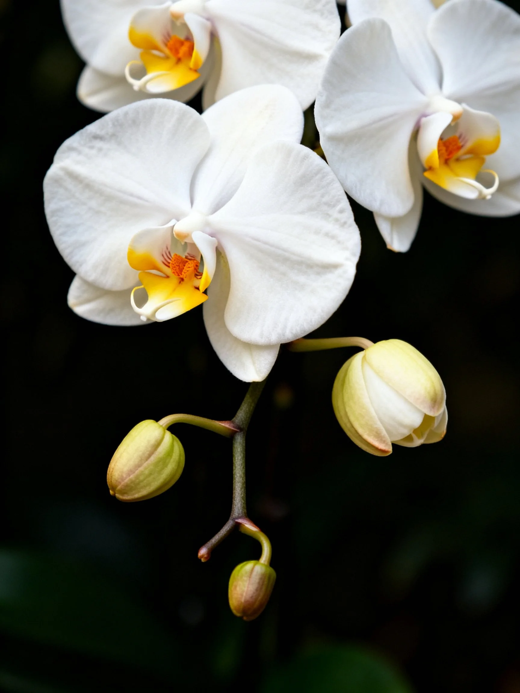 Multiple white orchid blooms with yellow centers and green buds