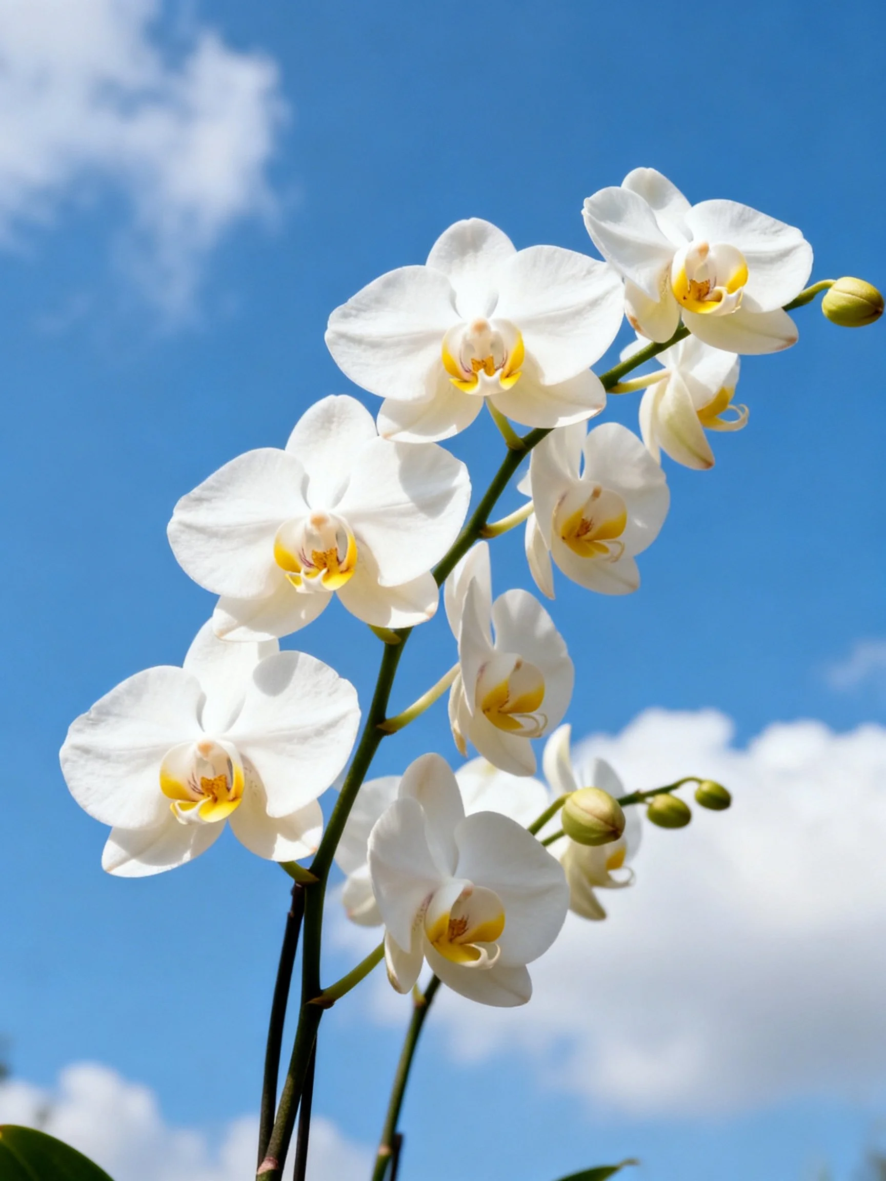 Multiple white orchid blooms with yellow centers set against clear blue sky