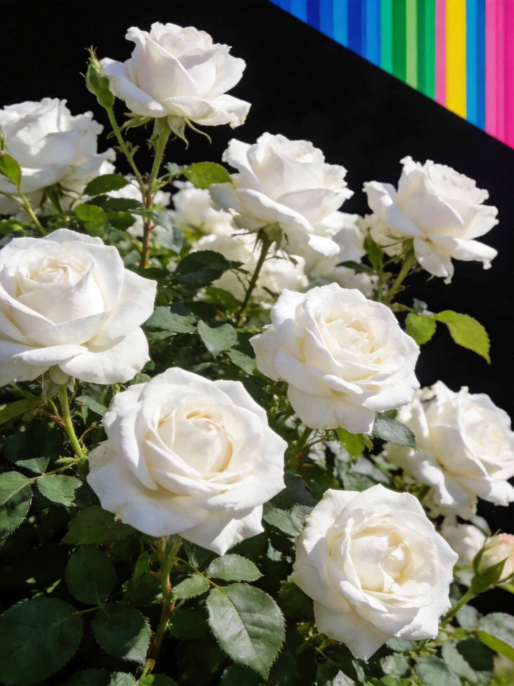 Multiple white roses bloom among green foliage on a black backdrop with colorful stripes