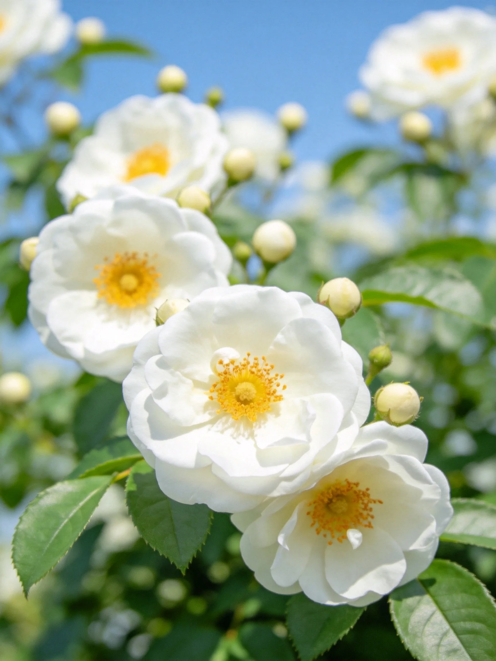 Multiple white roses with yellow centers amid green foliage and buds