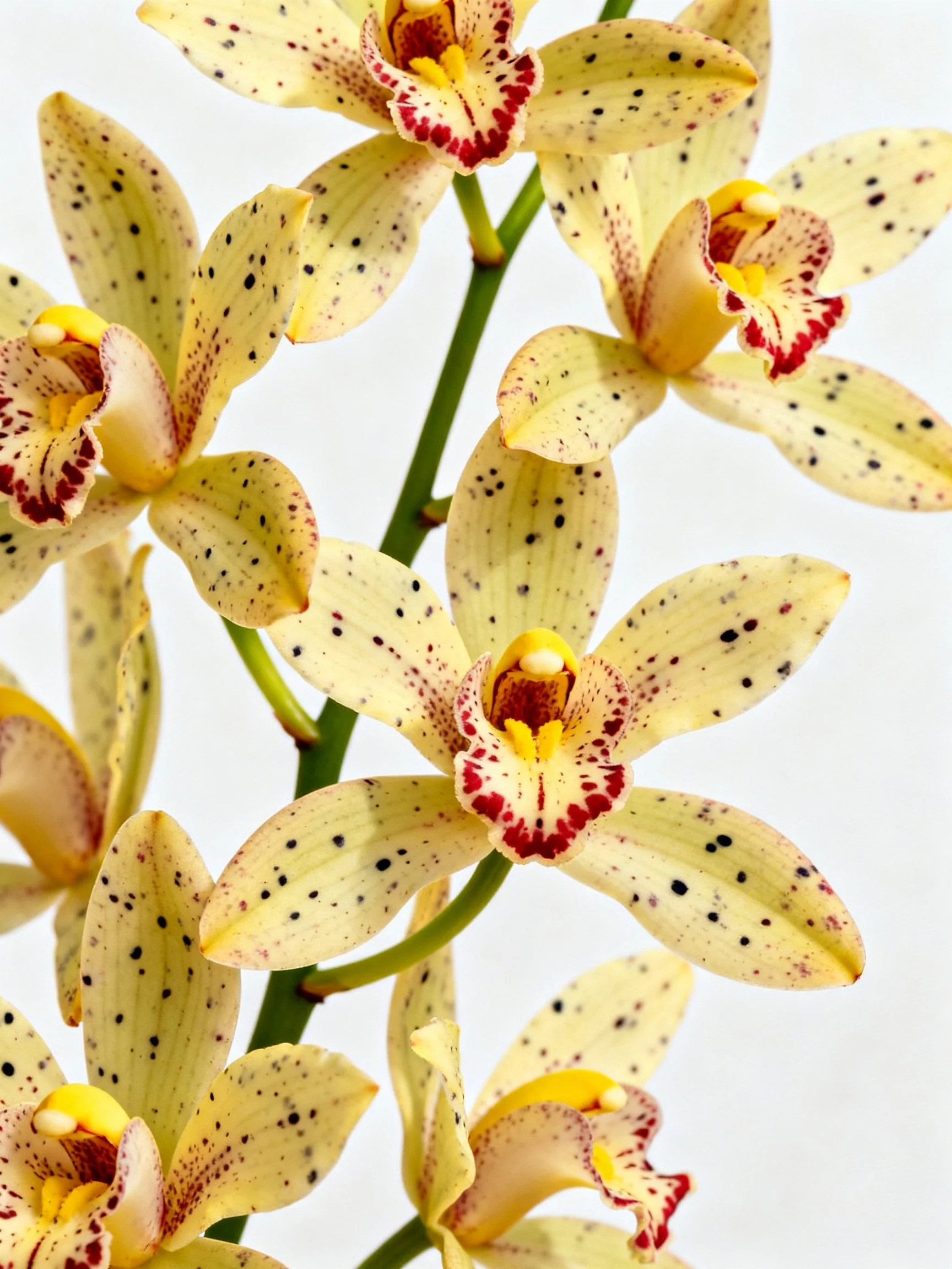 Multiple yellow orchid blooms with black speckles and red centers