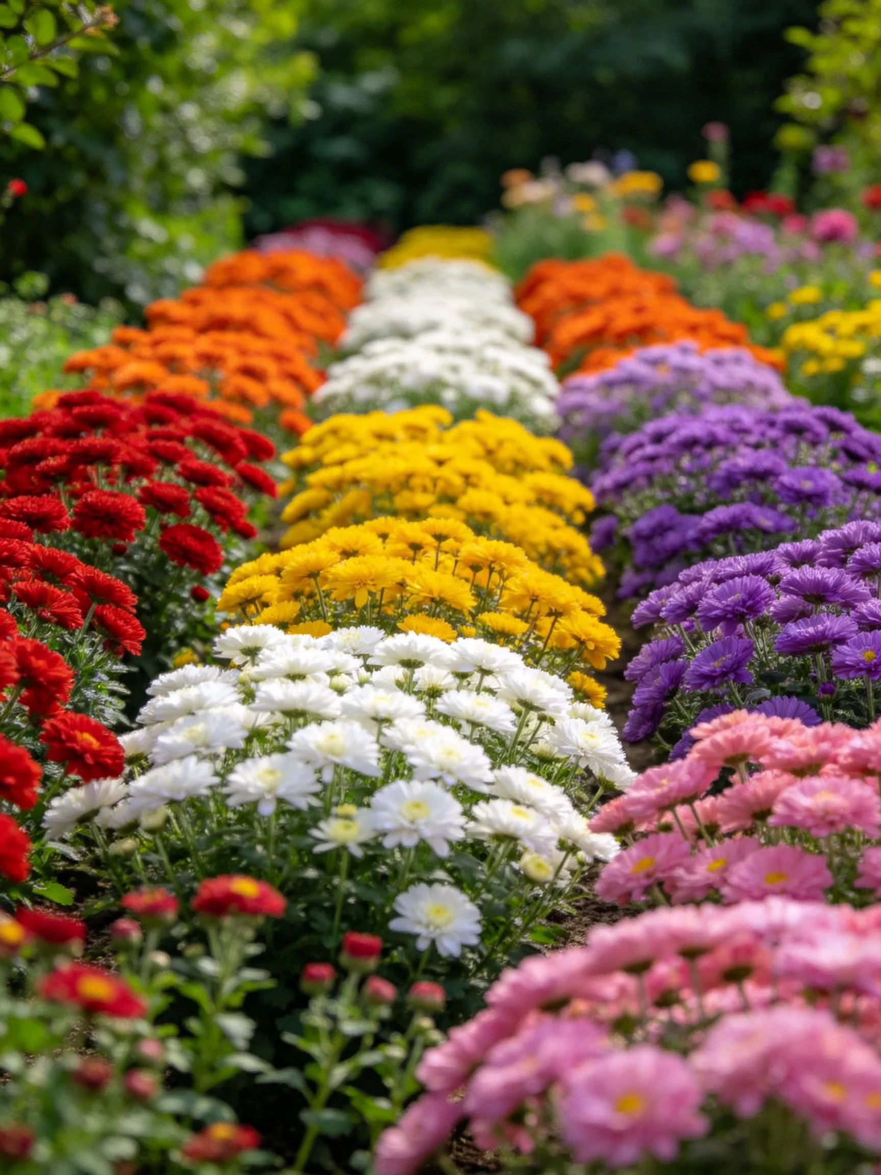 Neatly arranged flower beds feature blooms in six colors
