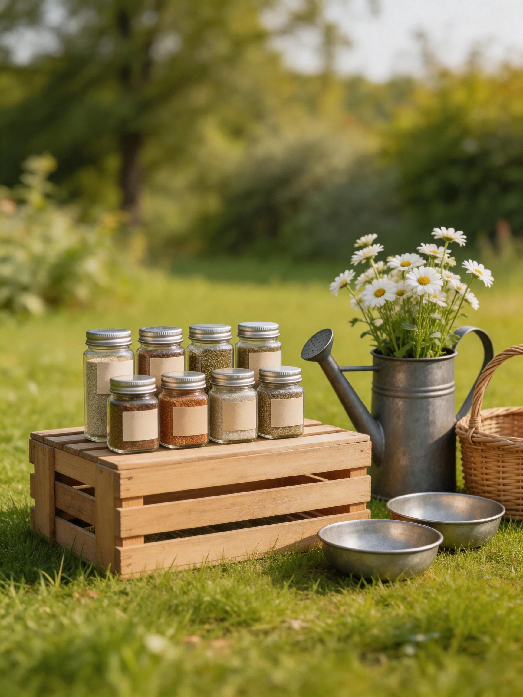 Nine glass spice jars on a wooden crate near a metal watering can with white flowers
