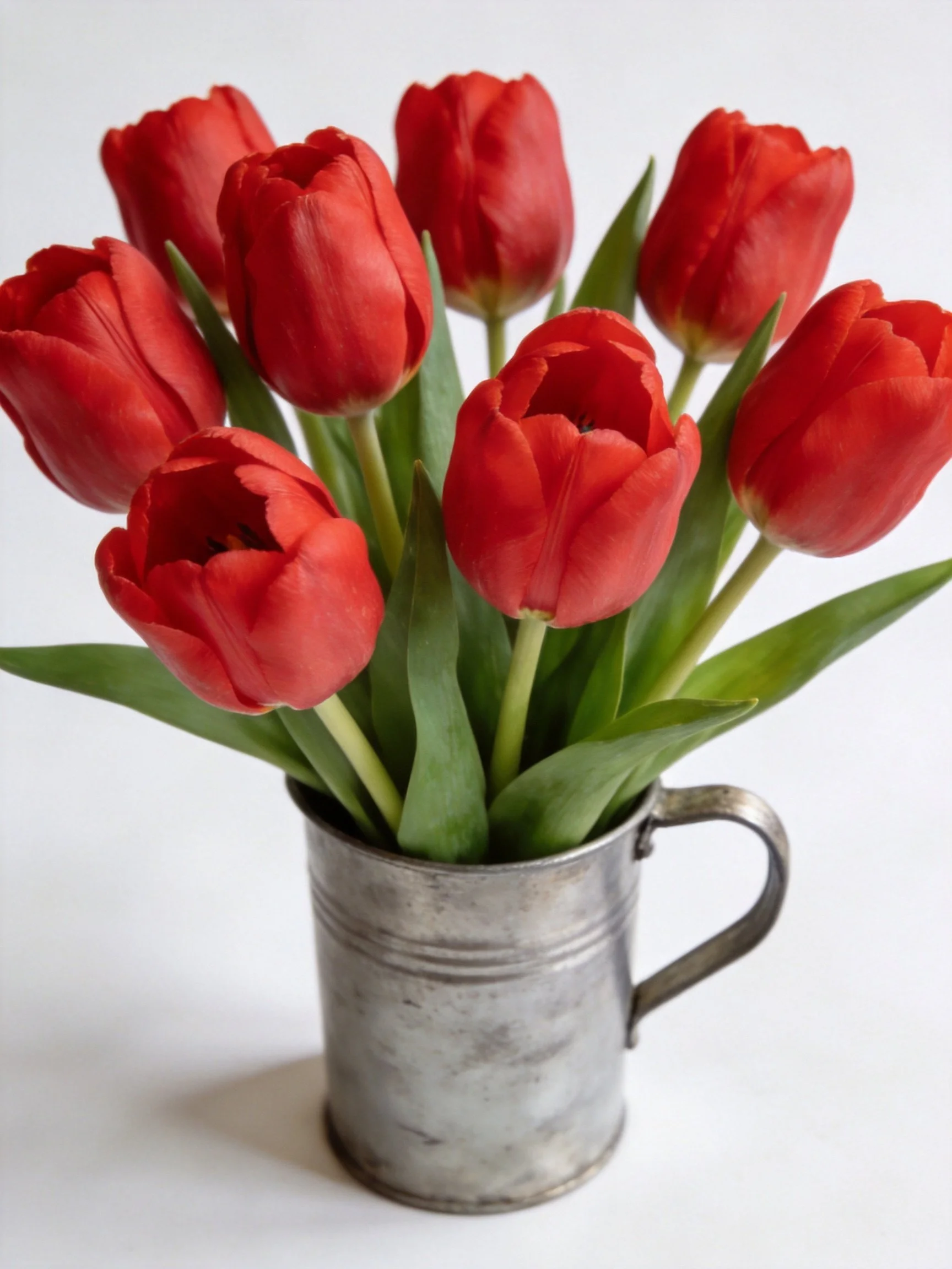 Nine vibrant red tulips arranged in a silver pitcher