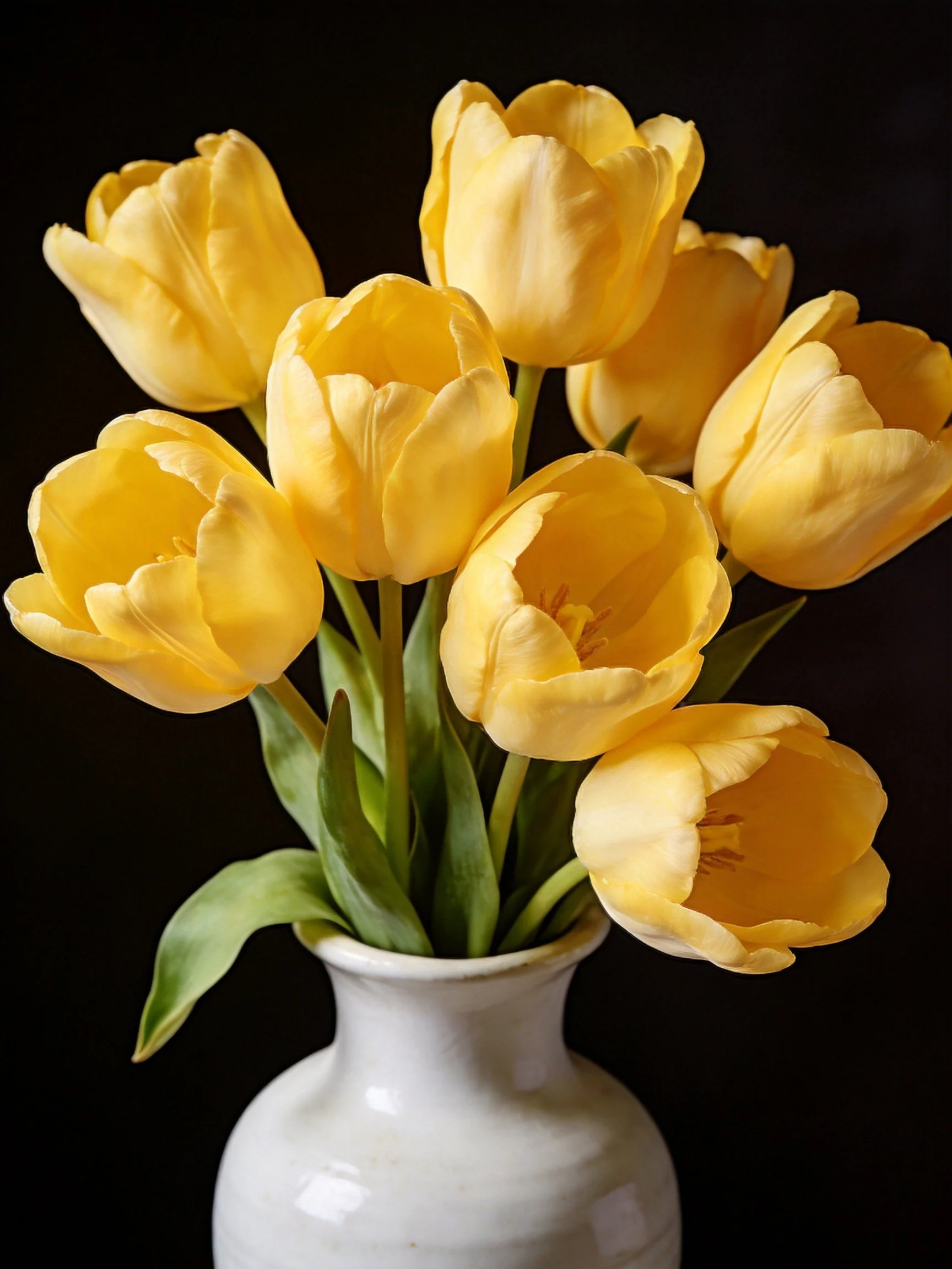 Nine yellow tulips arranged in a white vase