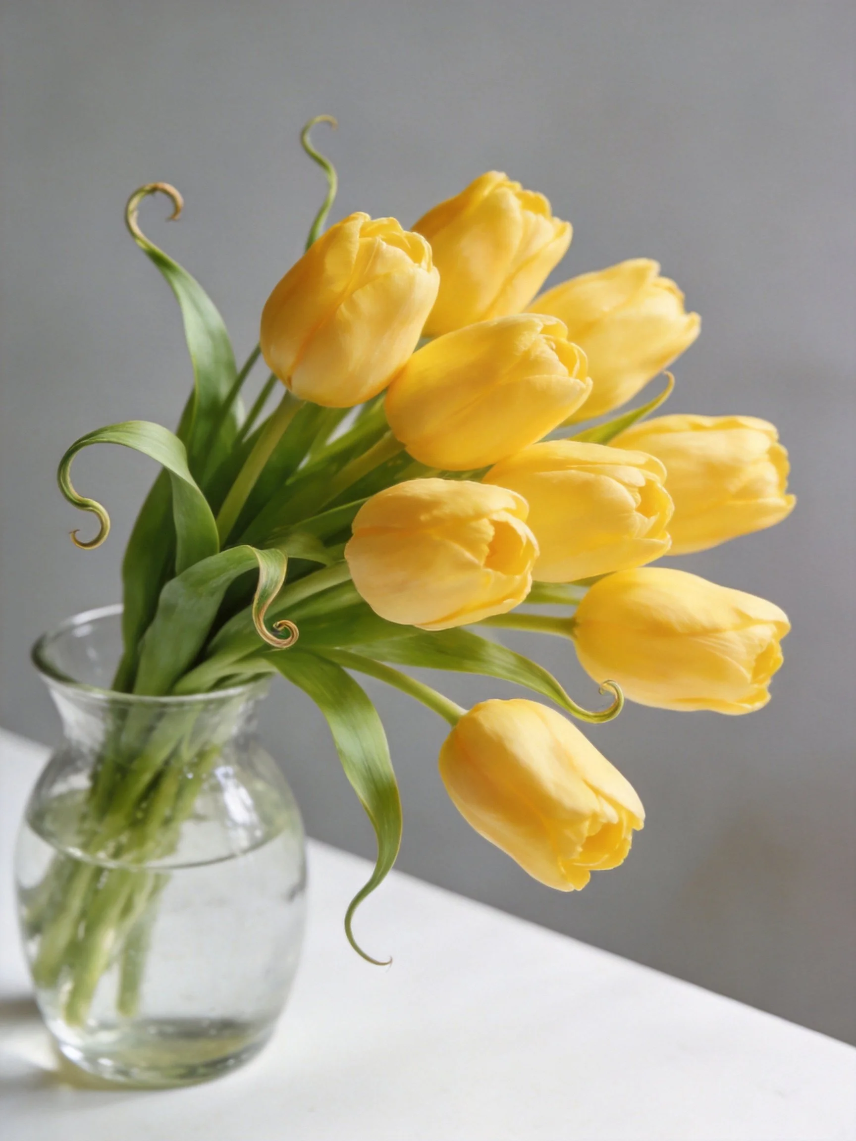 Nine yellow tulips in aclear glass vase