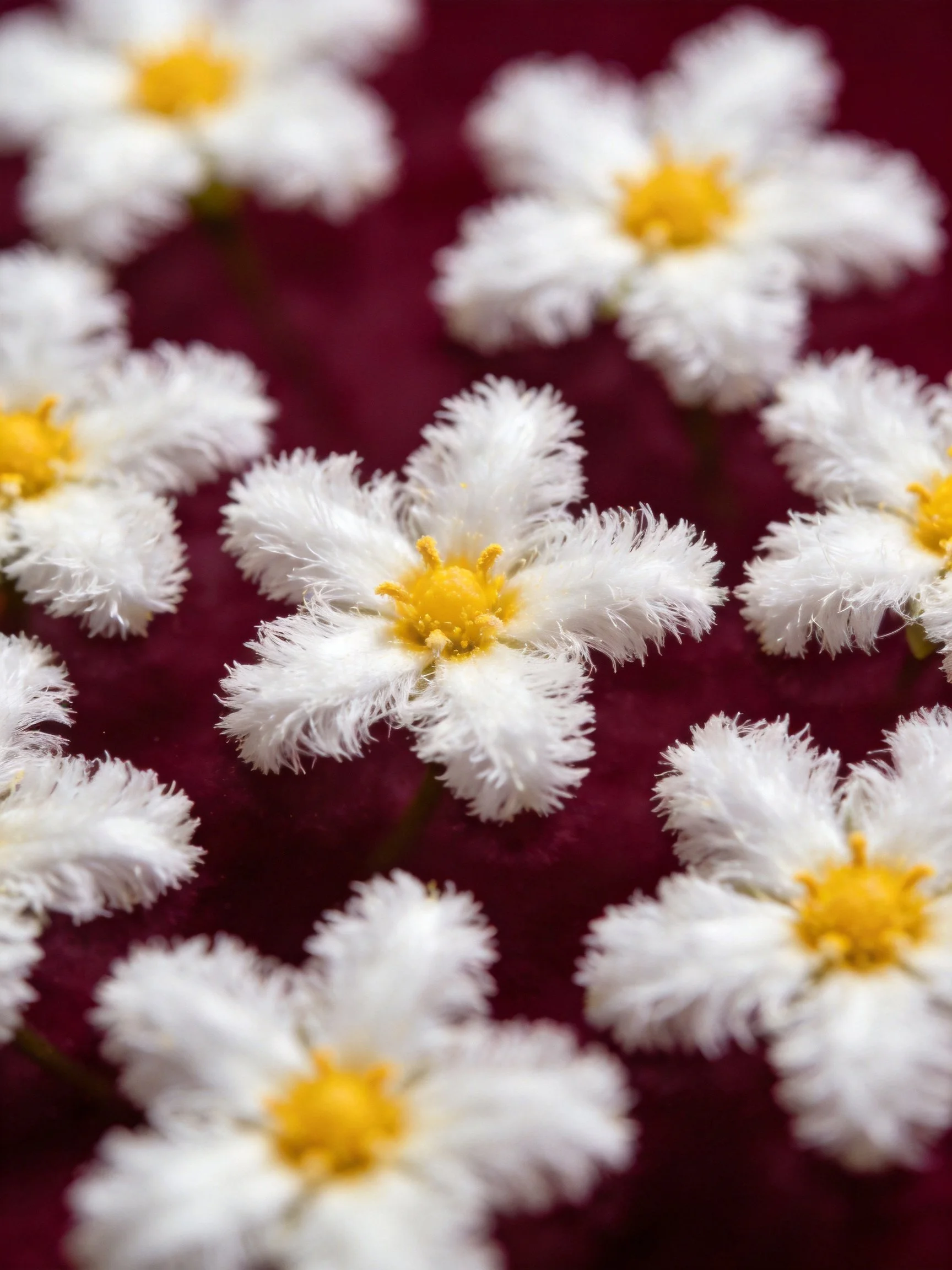 Numerous small white fuzzy flowers with yellow centers on deep maroon backdrop