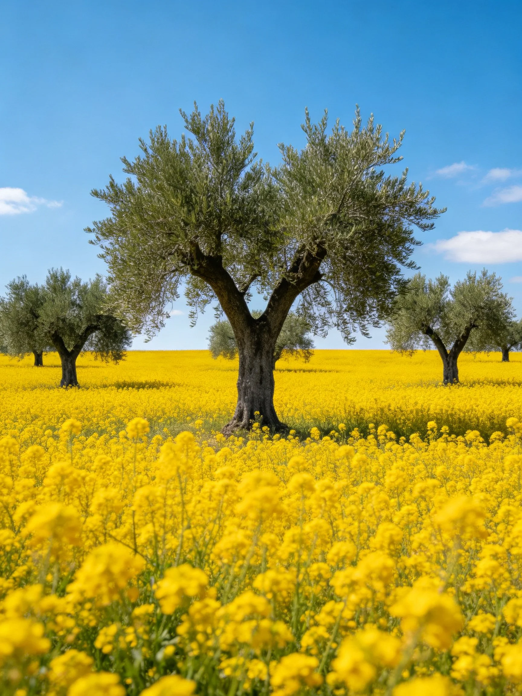 Olive Trees in a Yellow Flower Field Beneath Blue Sky