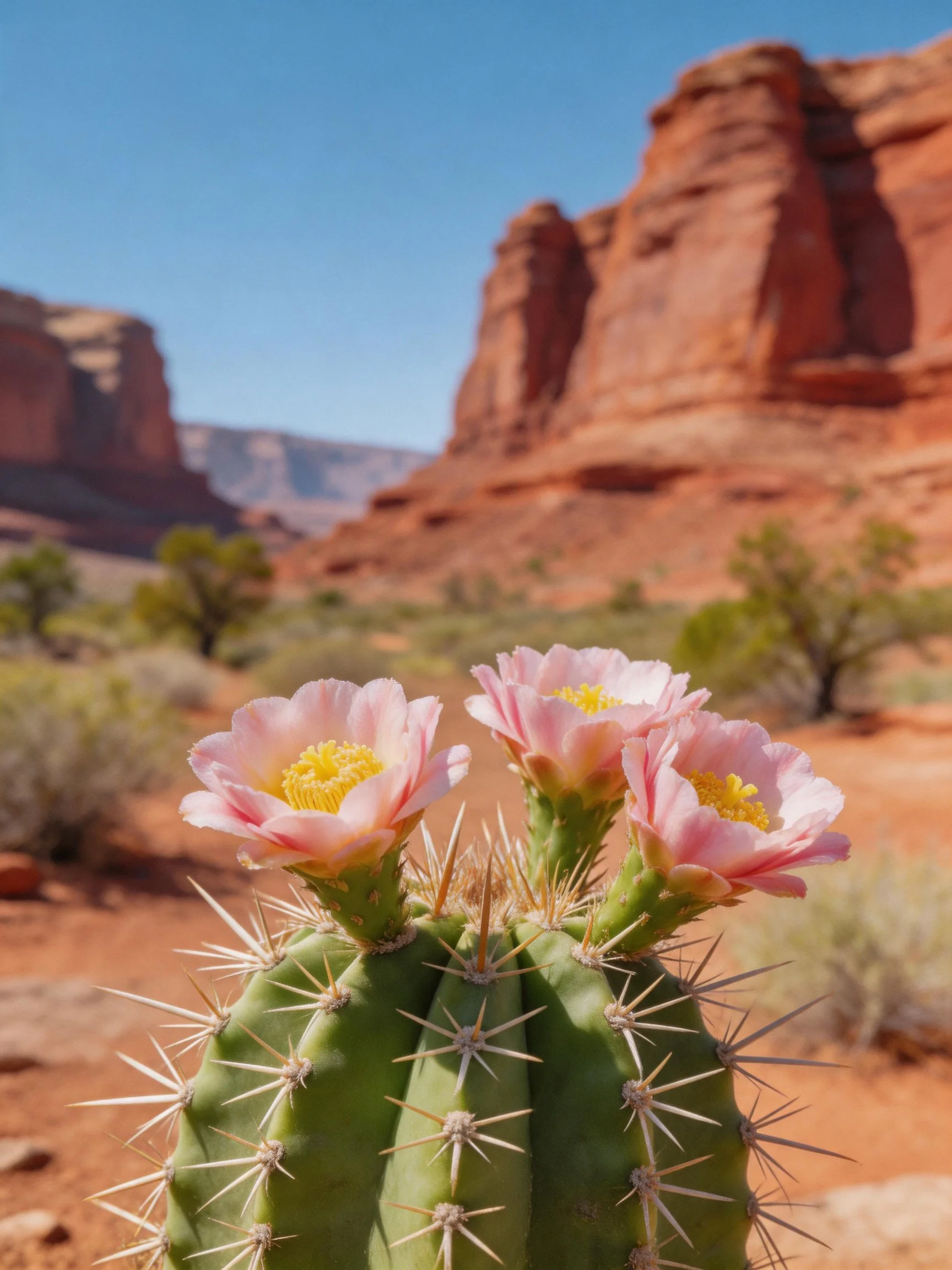 One cactus with three pink flowers near red rock formations in desert