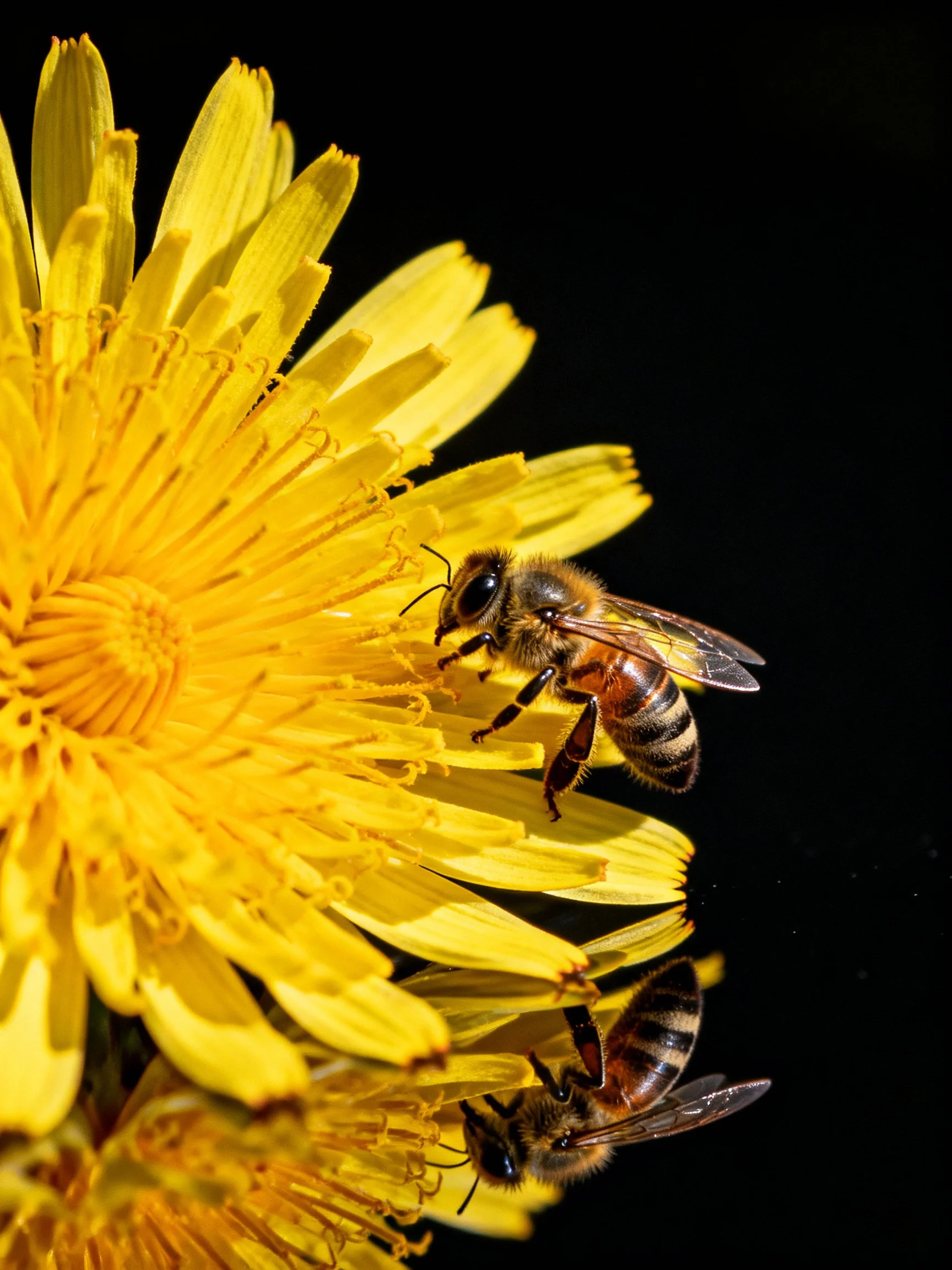 One honeybee and its reflection on a large bright yellow dandelion