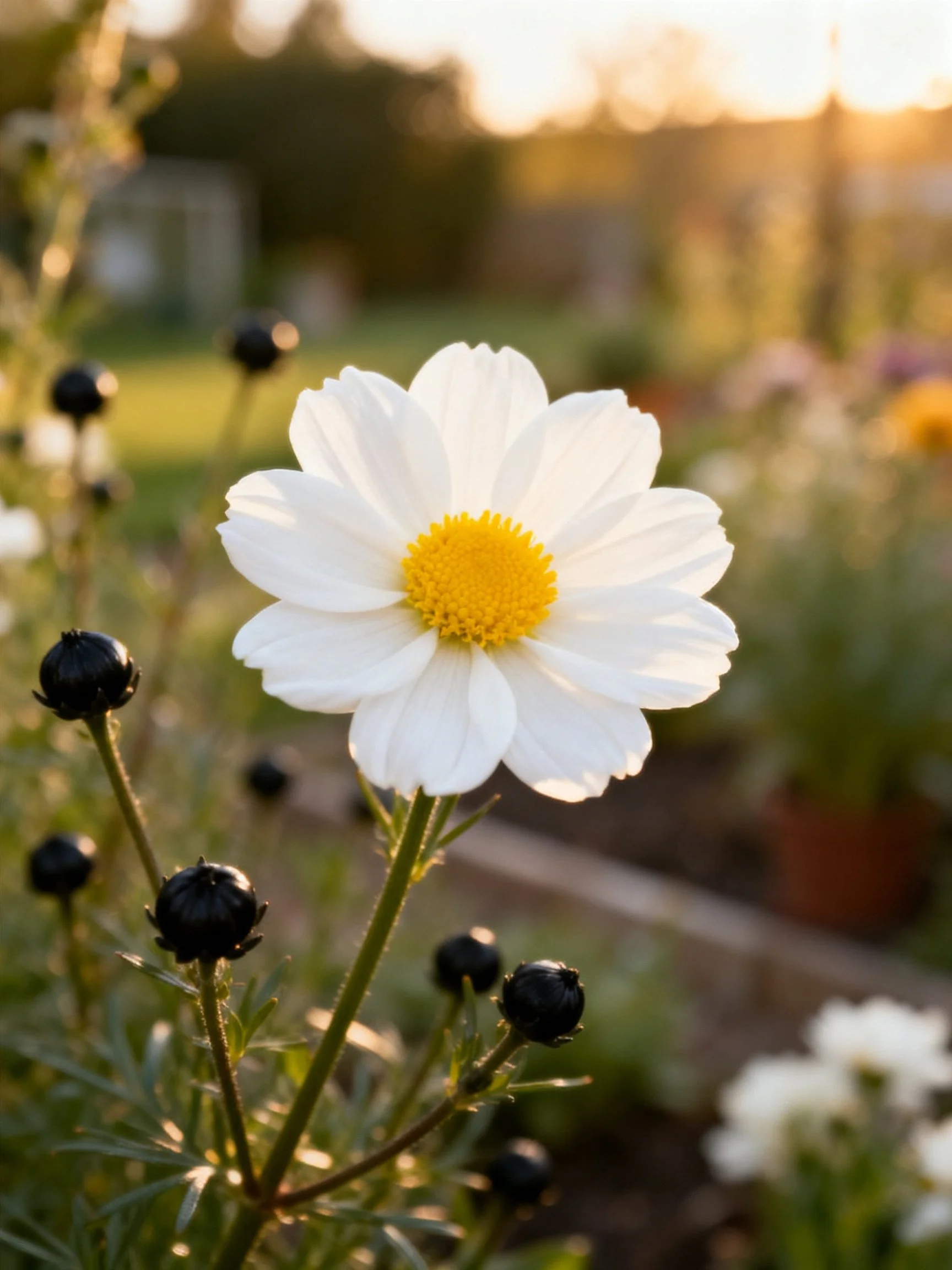 One white cosmos flower with yellow center near black buds in sunlit garden