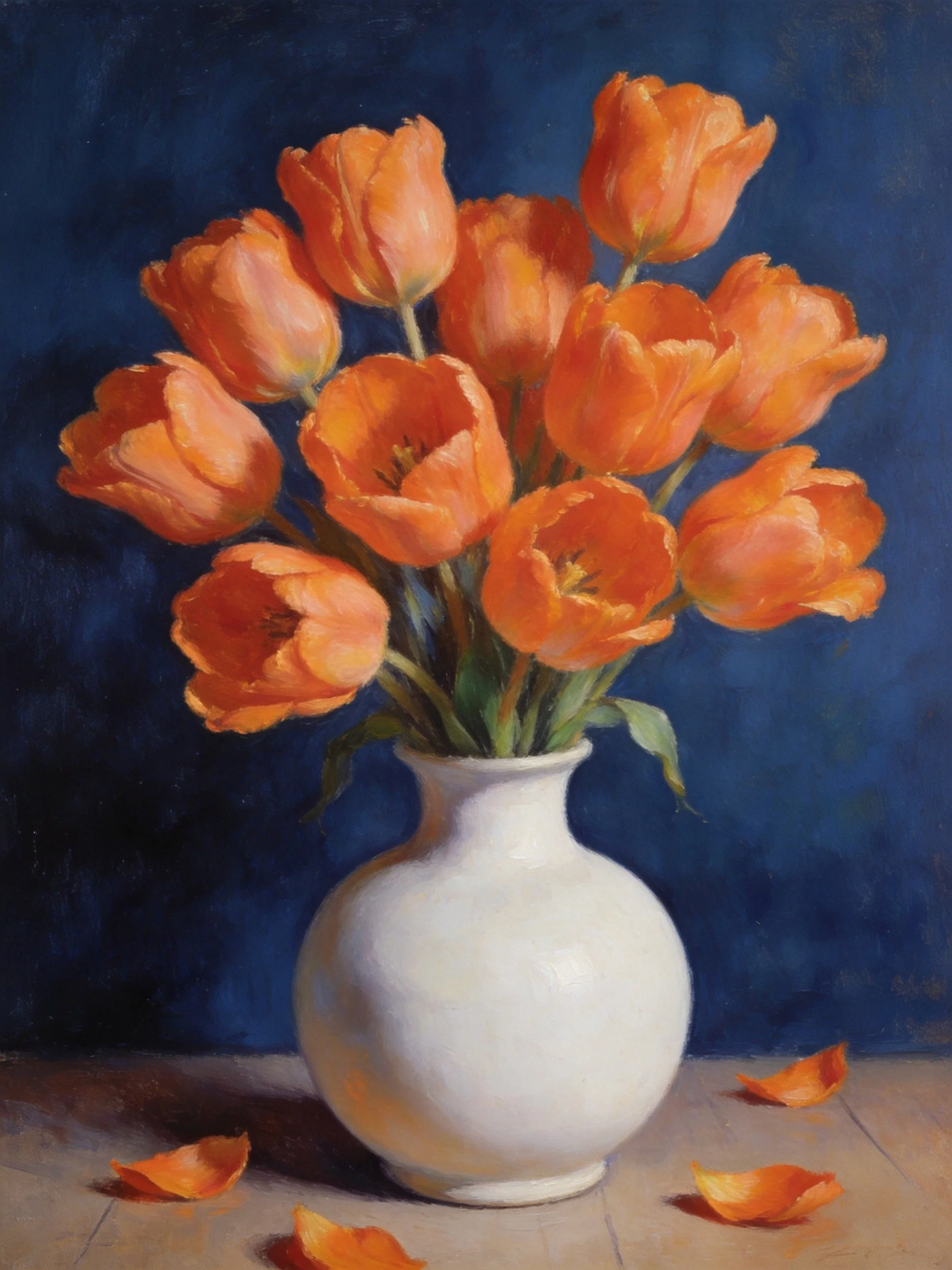 Orange Tulips in White Vase with Dark Blue Background