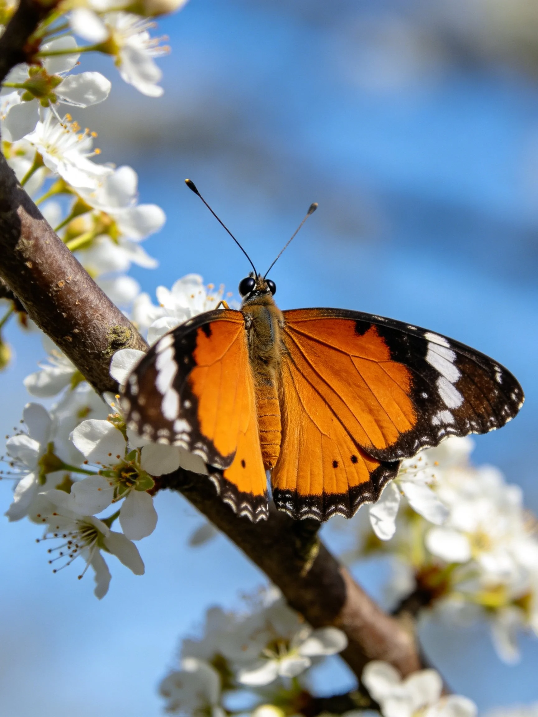 Orange and black butterfly resting on white blossoms