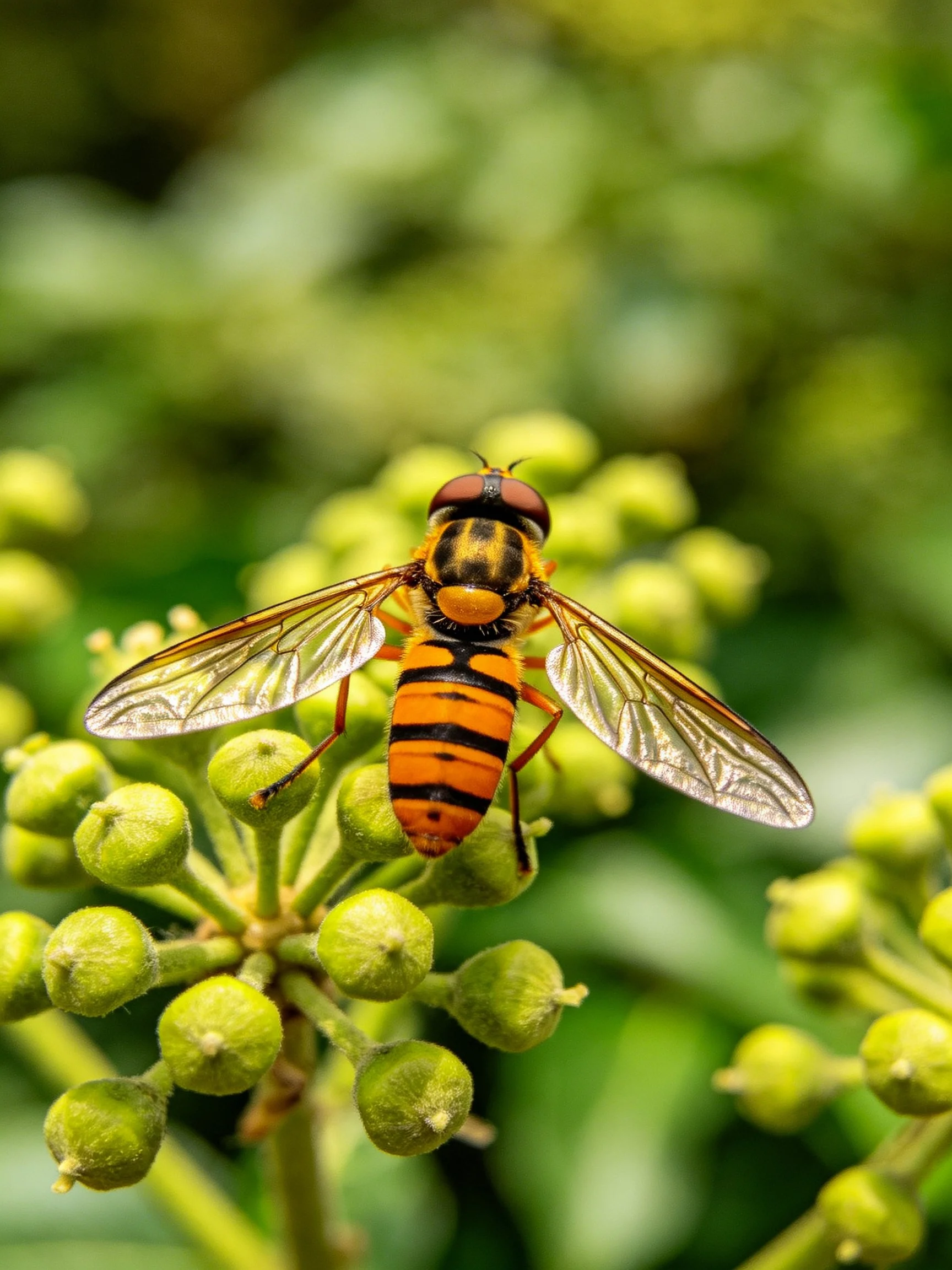 Orange and black striped hoverfly on green flower buds
