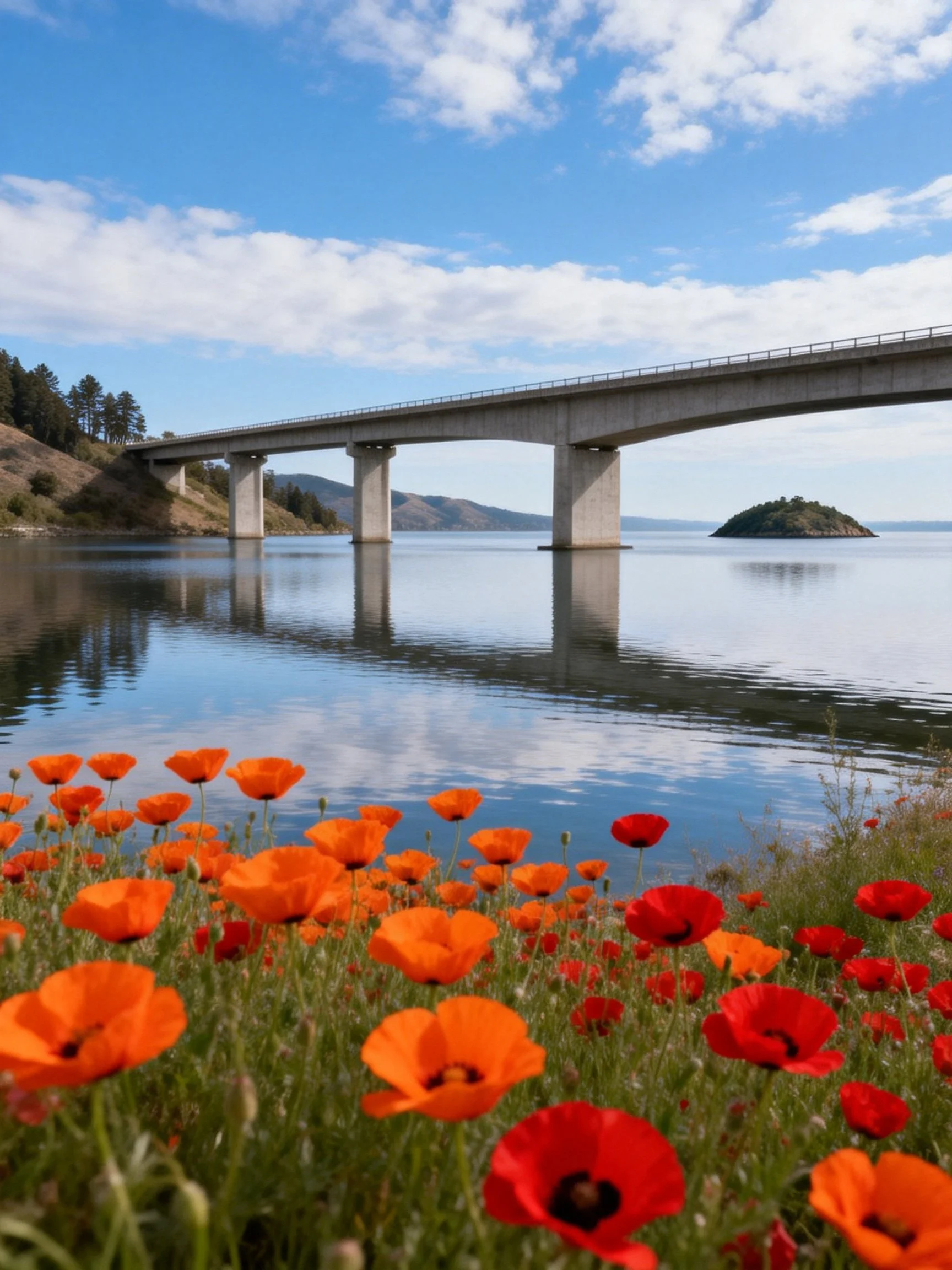 Orange and red poppies near a concrete bridge over calm water