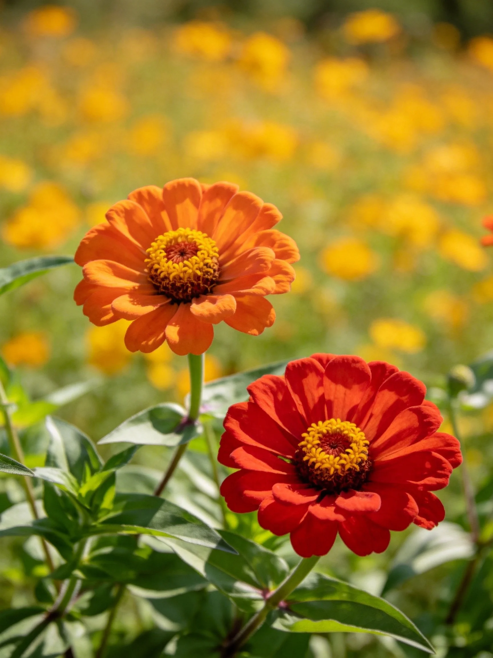 Orange and red zinnia flowers in a sunlit flower field