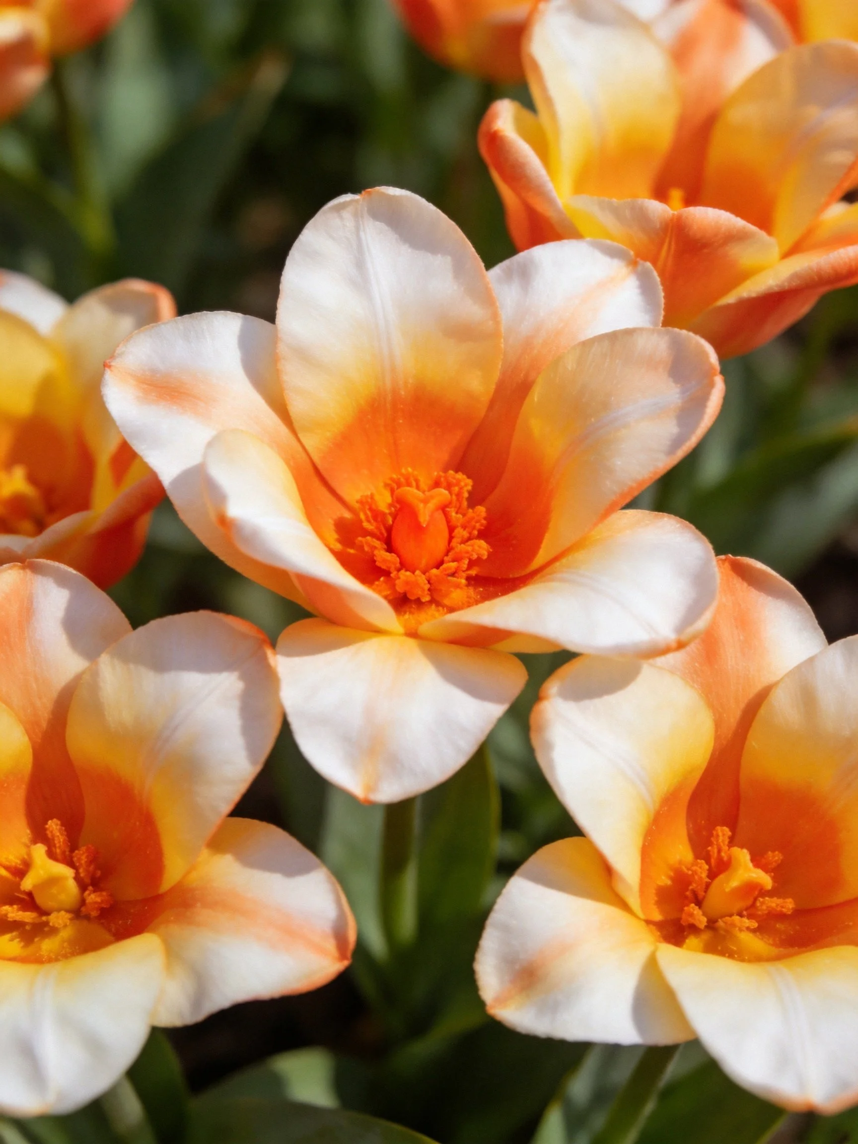 Orange and white tulips glowing in natural light
