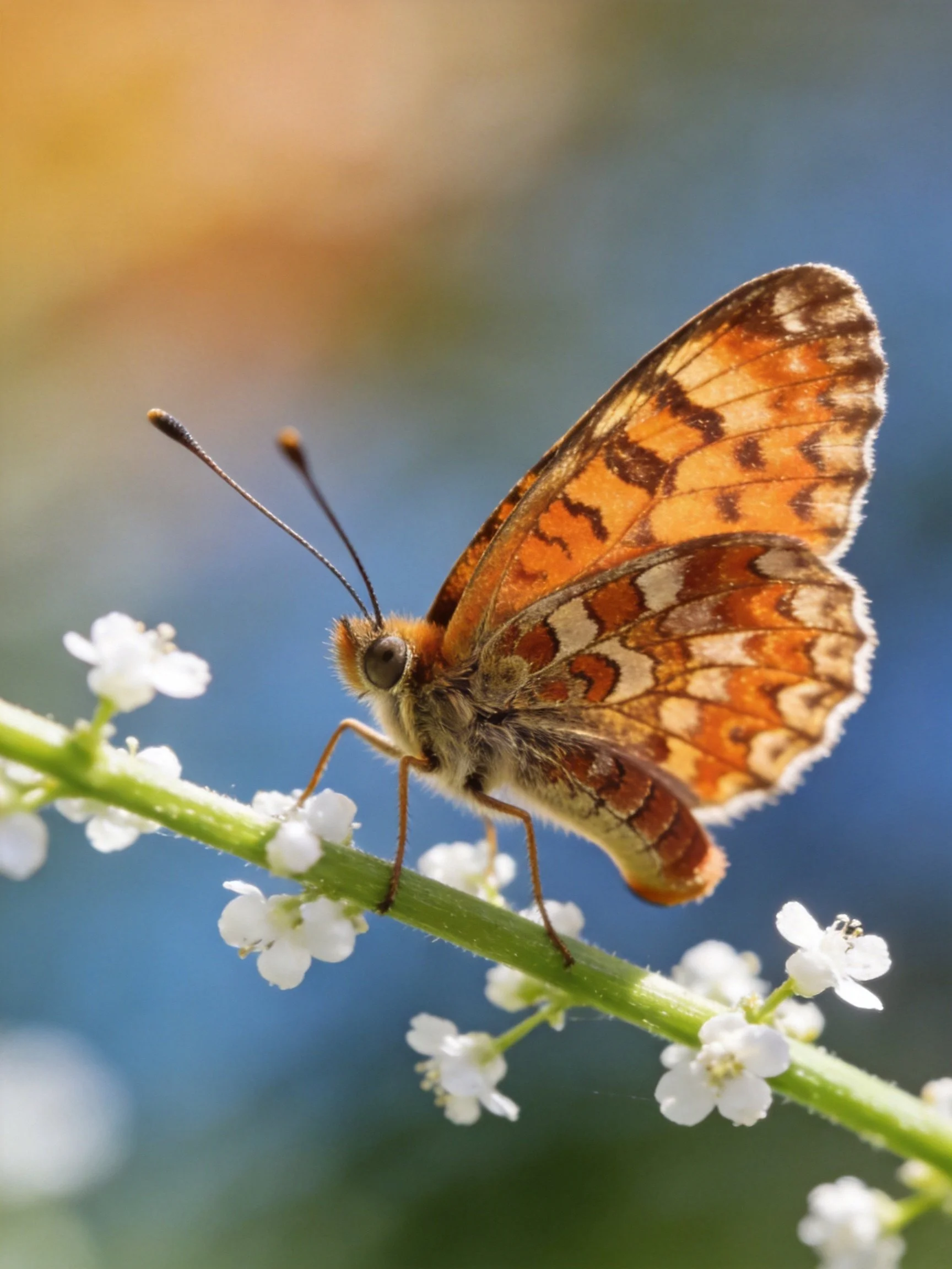 Orange-brown butterfly perched on small white flowers