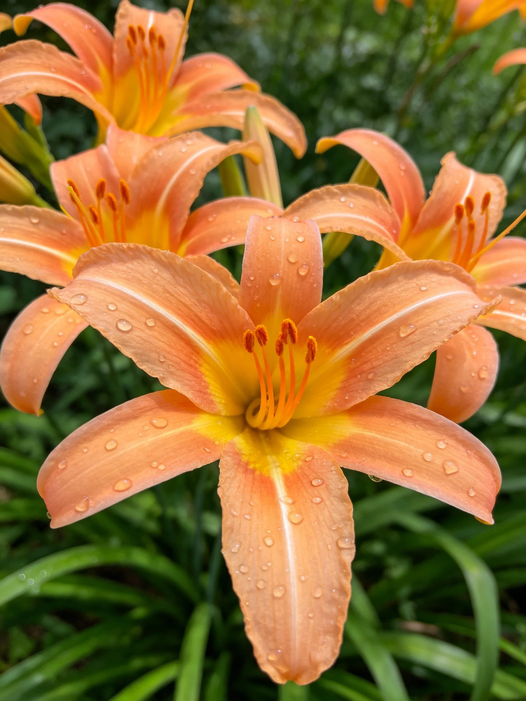 Orange daylilies with yellow centers, water droplets