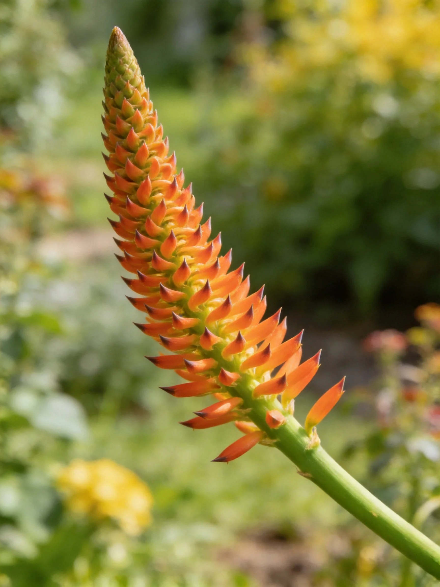 Orange flower spike with pointed petals and green foliage backdrop