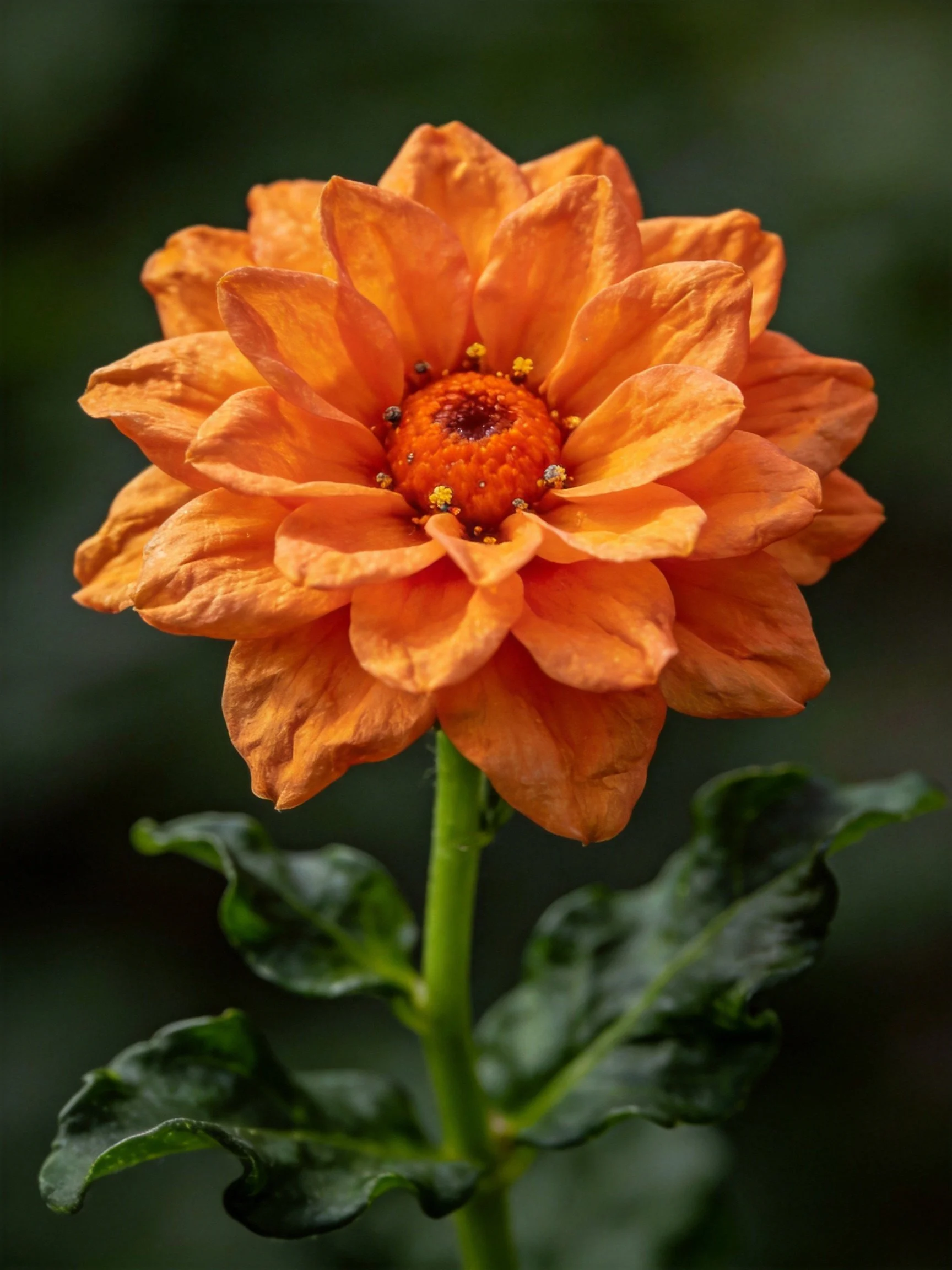 Orange flower with layered petals and green foliage