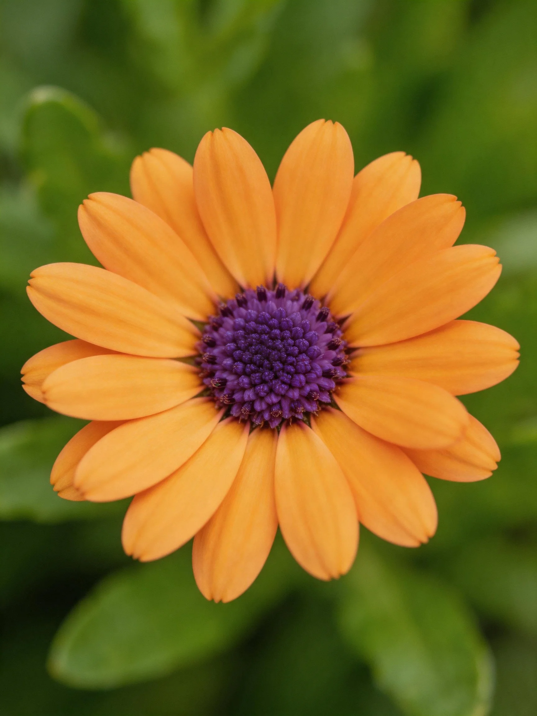 Orange flower with purple center among green foliage