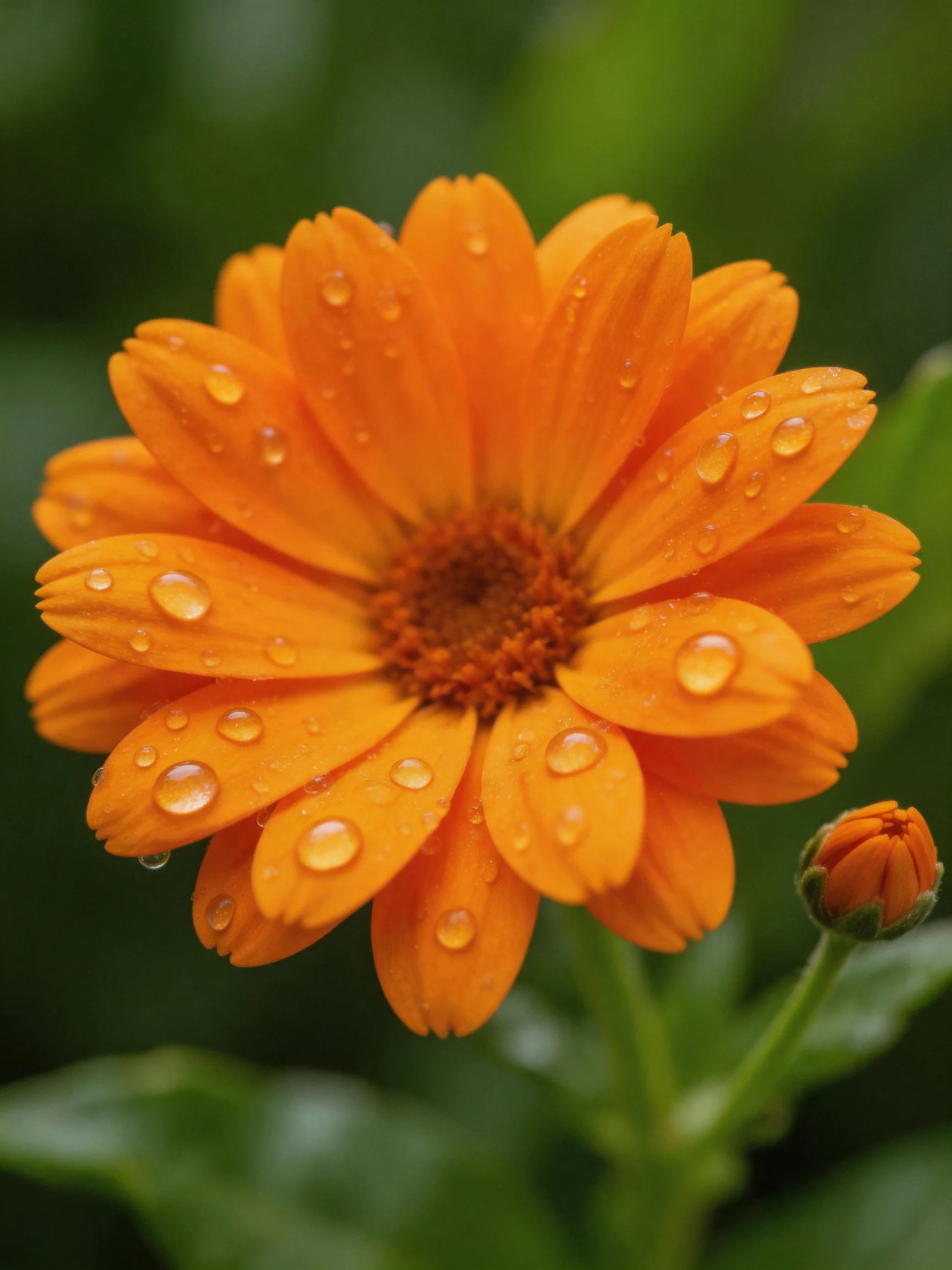 Orange flower with water droplets and a bud, green foliage