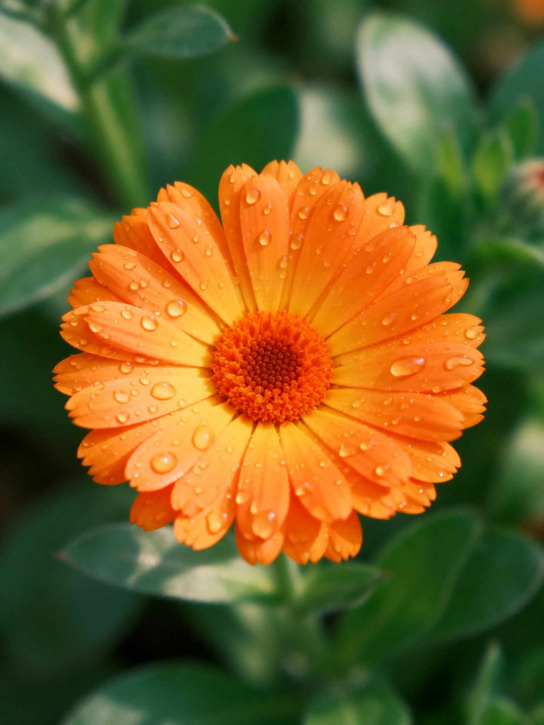 Orange flower with water droplets, green foliage backdrop