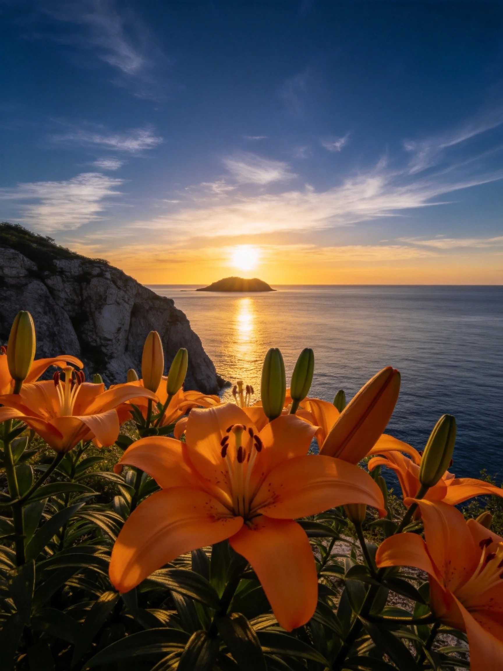 Orange lilies near rocky cliffs at sunset over calm waters