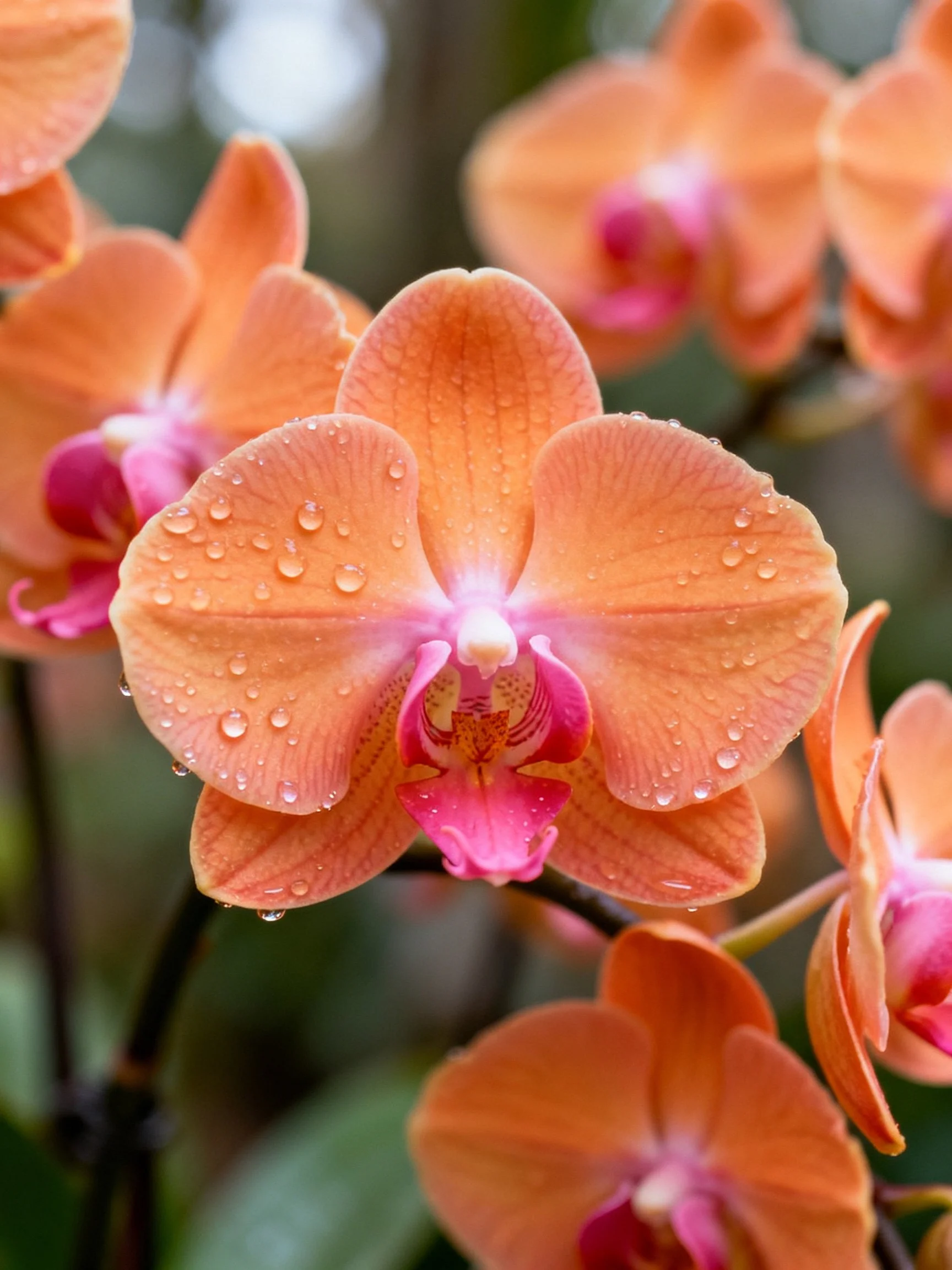 Orange phalaenopsis orchids with water droplets, pink centers