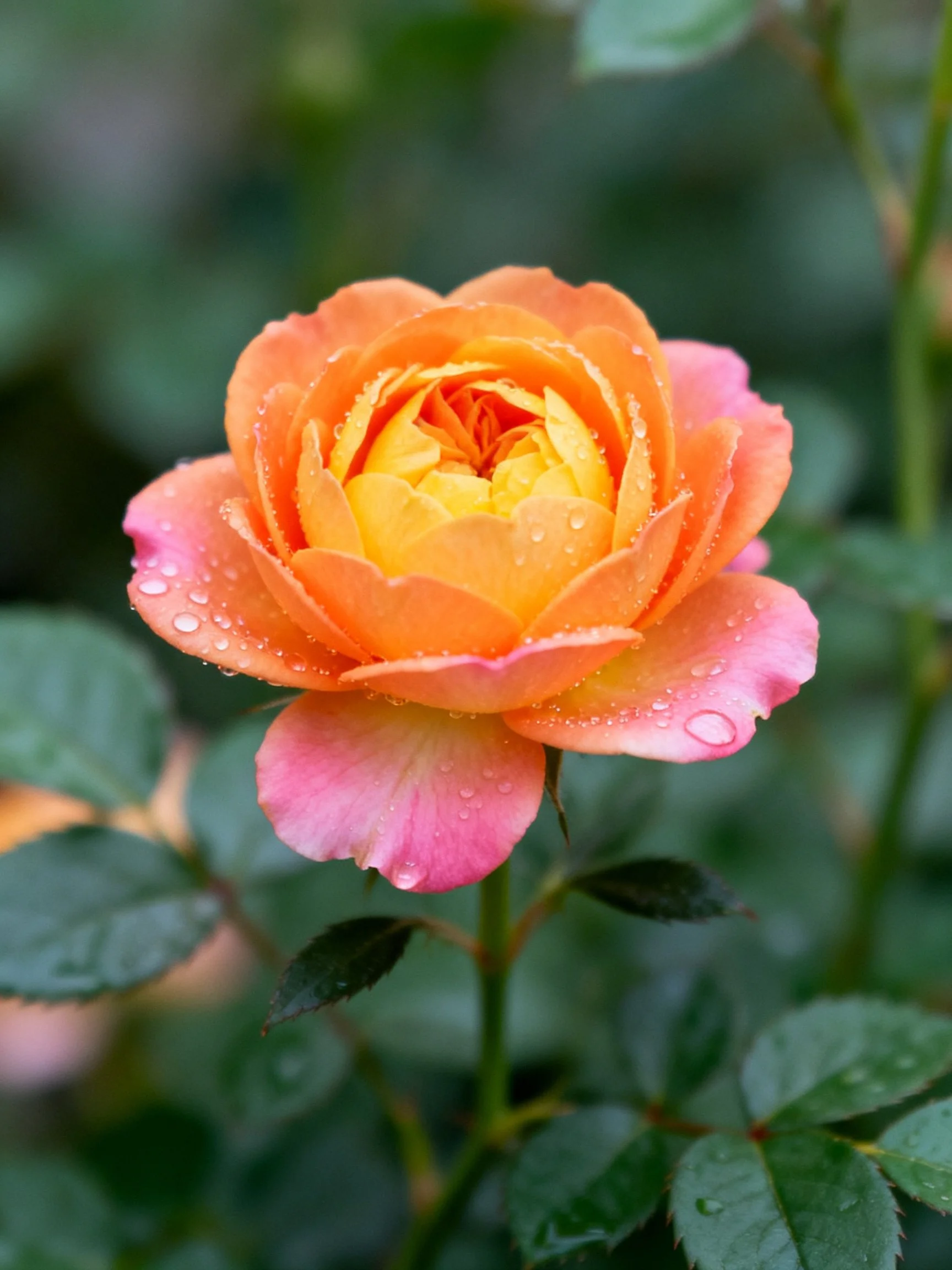 Orange-pink rose with water droplets and green foliage