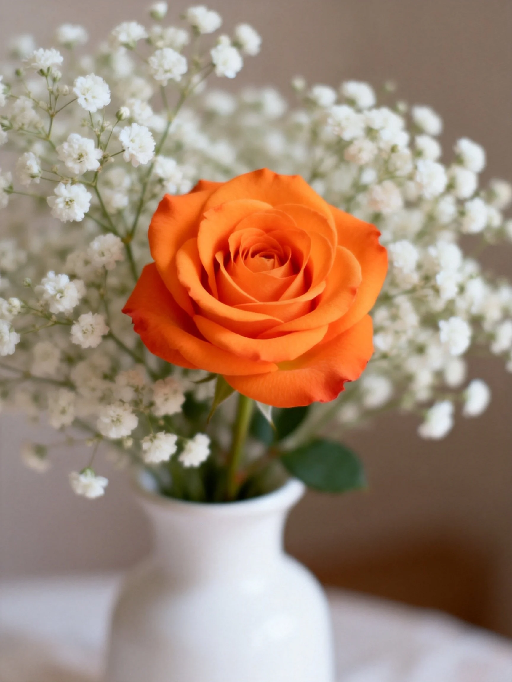 Orange rose centered among white baby’s breath in white vase