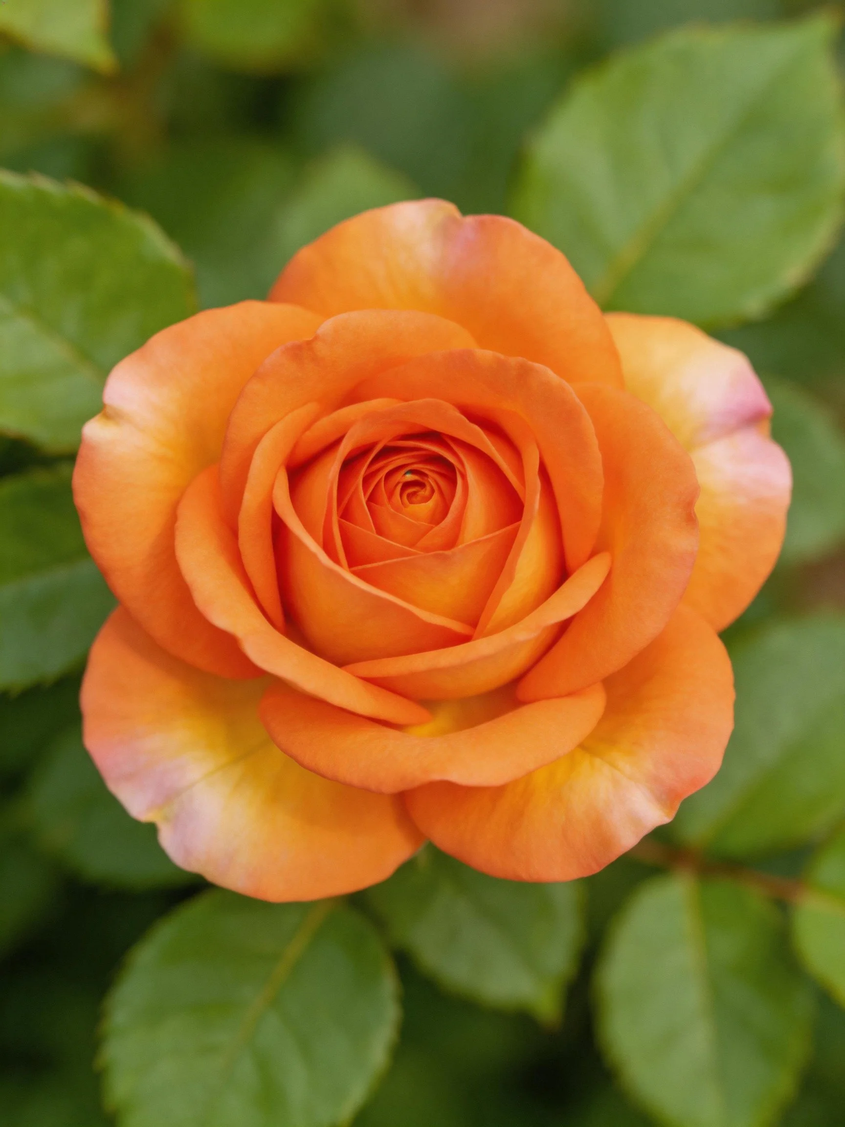 Orange rose with layered petals and lush green foliage