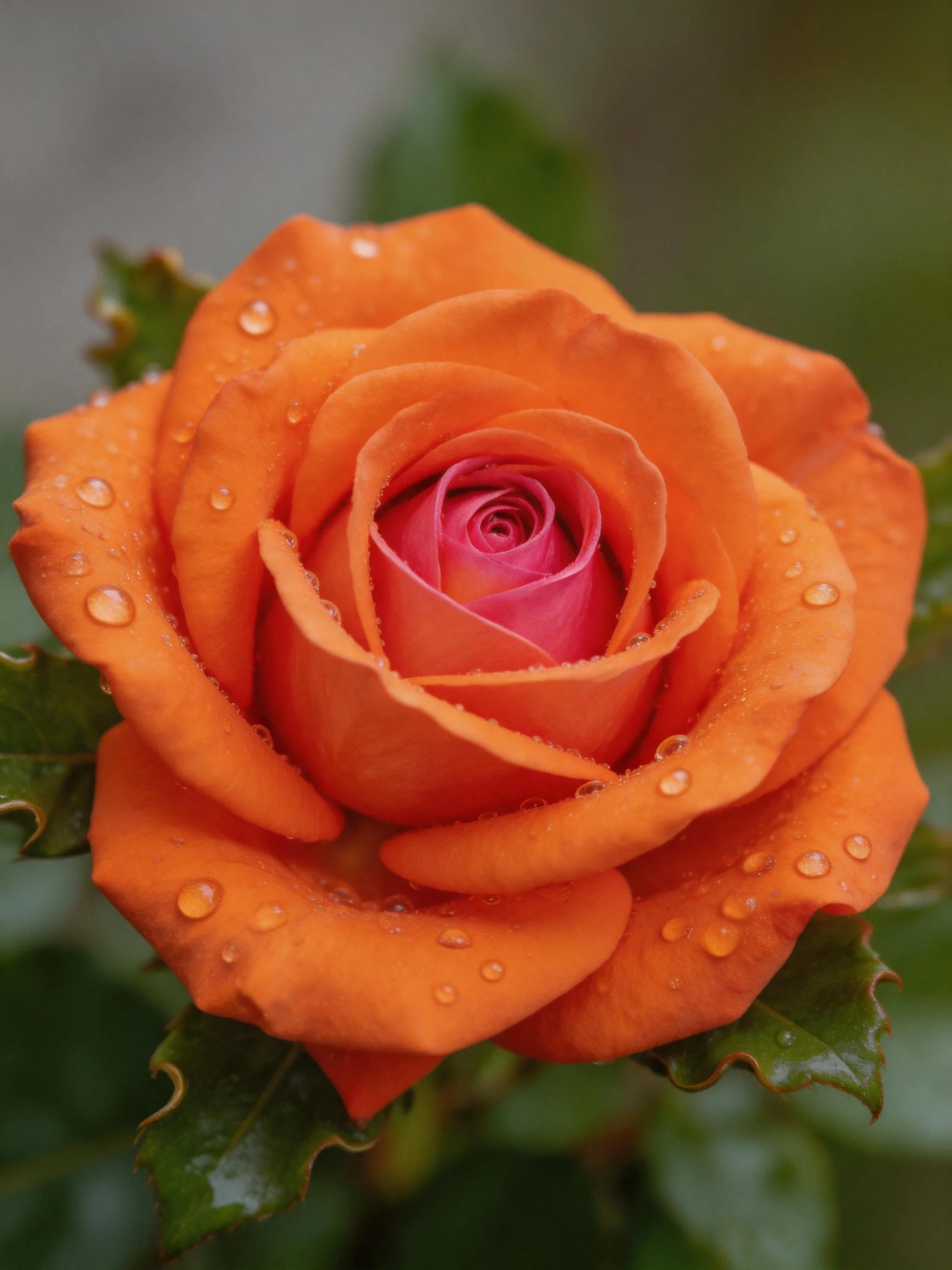 Orange rose with water droplets and pink center